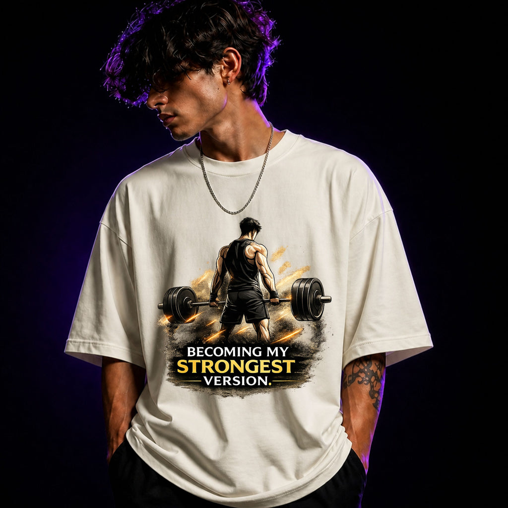 Becoming My Strongest Version Oversized Gym Graphic T-Shirt – Motivational Unisex Tee