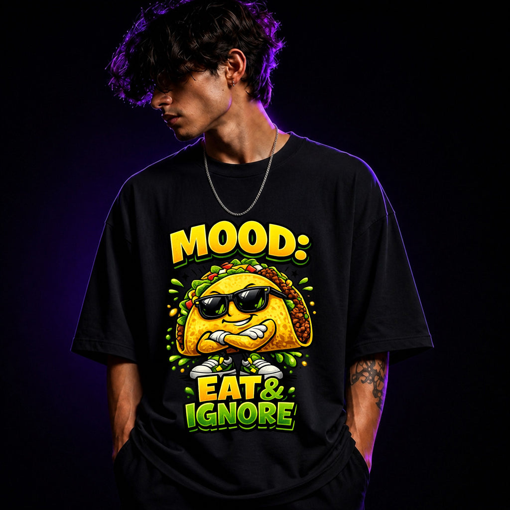 Mood: Eat & Ignore Oversized Graphic T-Shirt – Funny Foodie Unisex Terry Tee