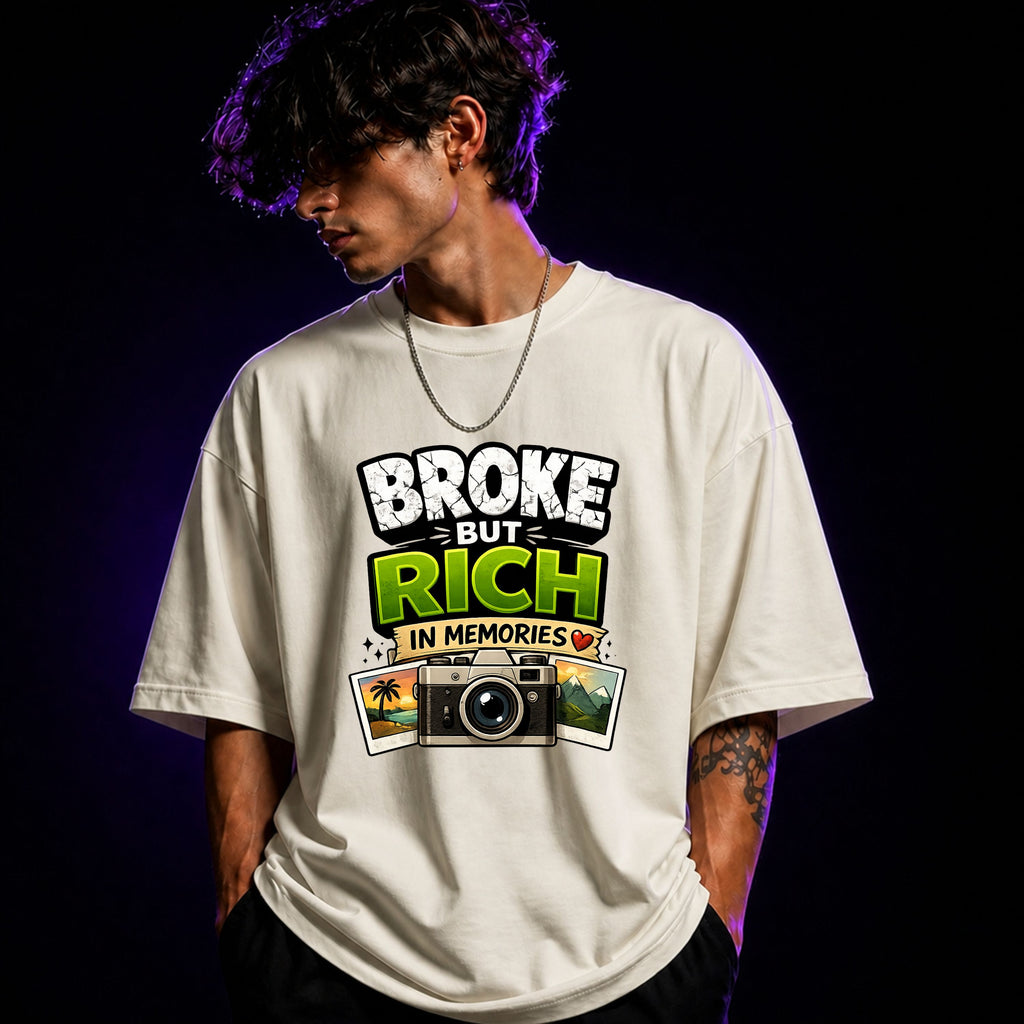 Broke But Rich In Memories Oversized Graphic T-Shirt – Aesthetic Unisex Tee