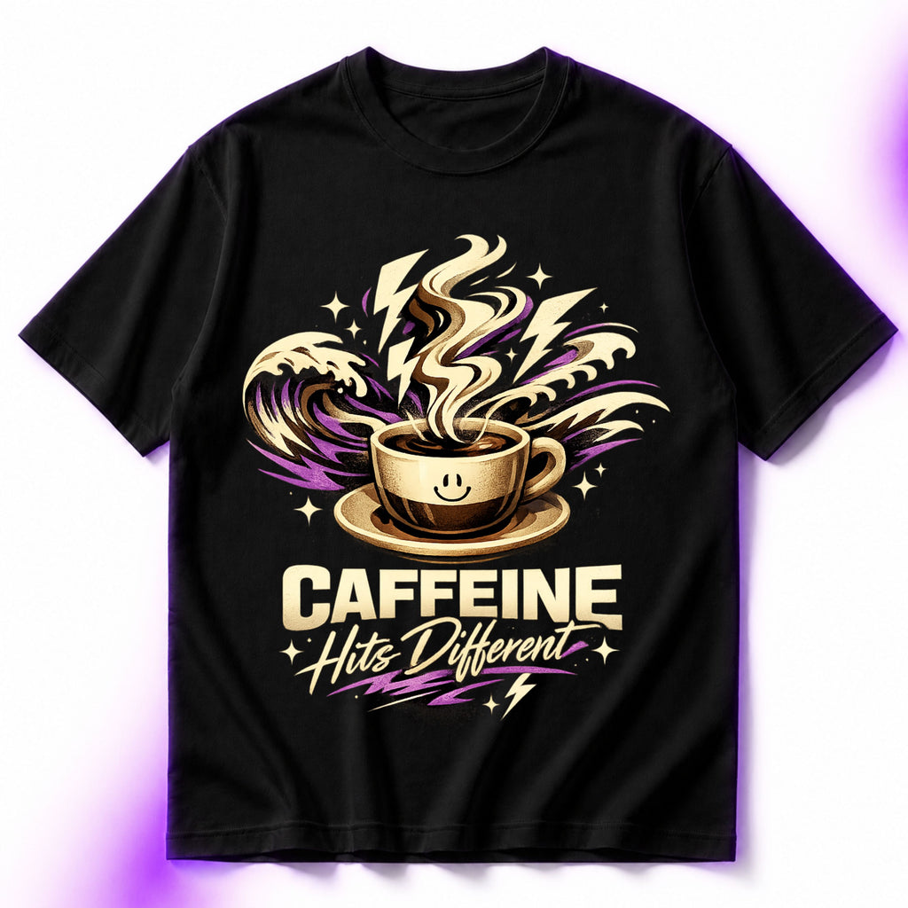 Caffeine Hits Different Oversized Graphic T-Shirt – Coffee Lover Unisex Tee