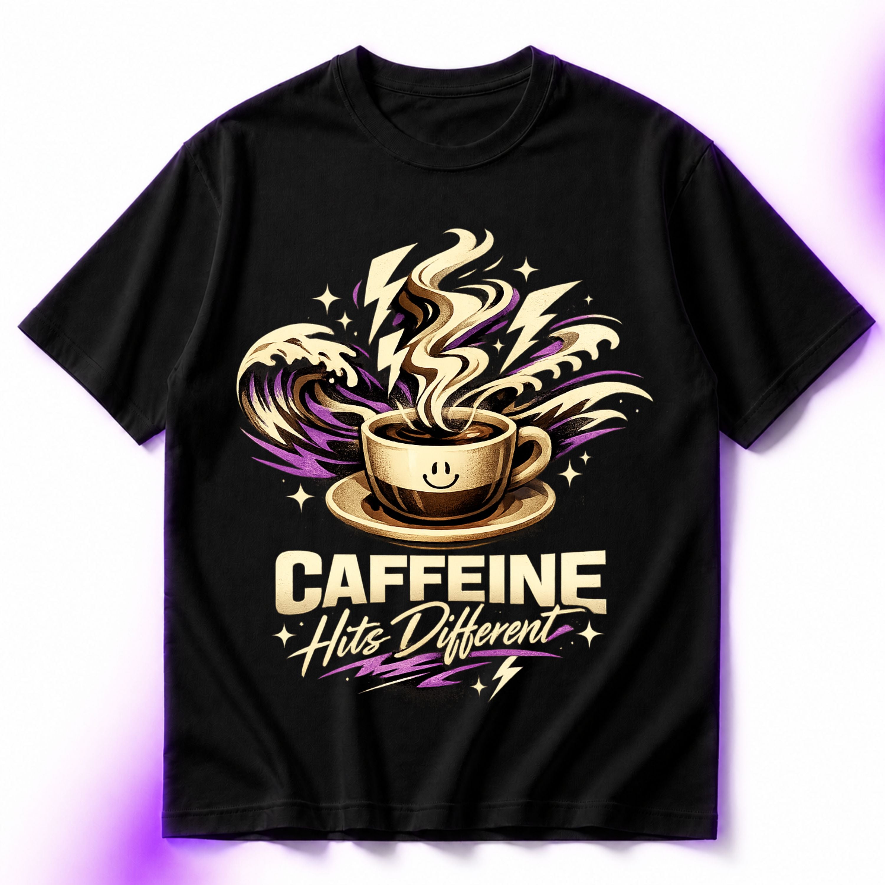 Caffeine Hits Different Oversized Graphic T-Shirt – Coffee Lover Unisex Tee