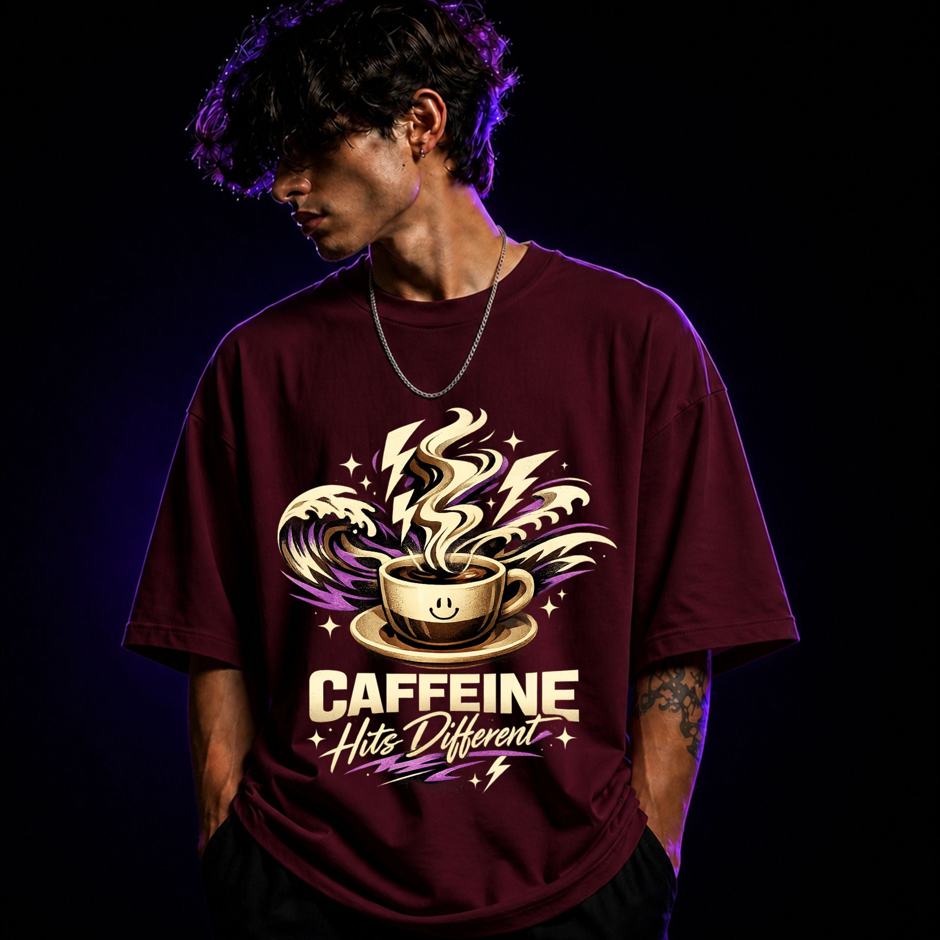 Caffeine Hits Different Oversized Graphic T-Shirt – Coffee Lover Unisex Tee
