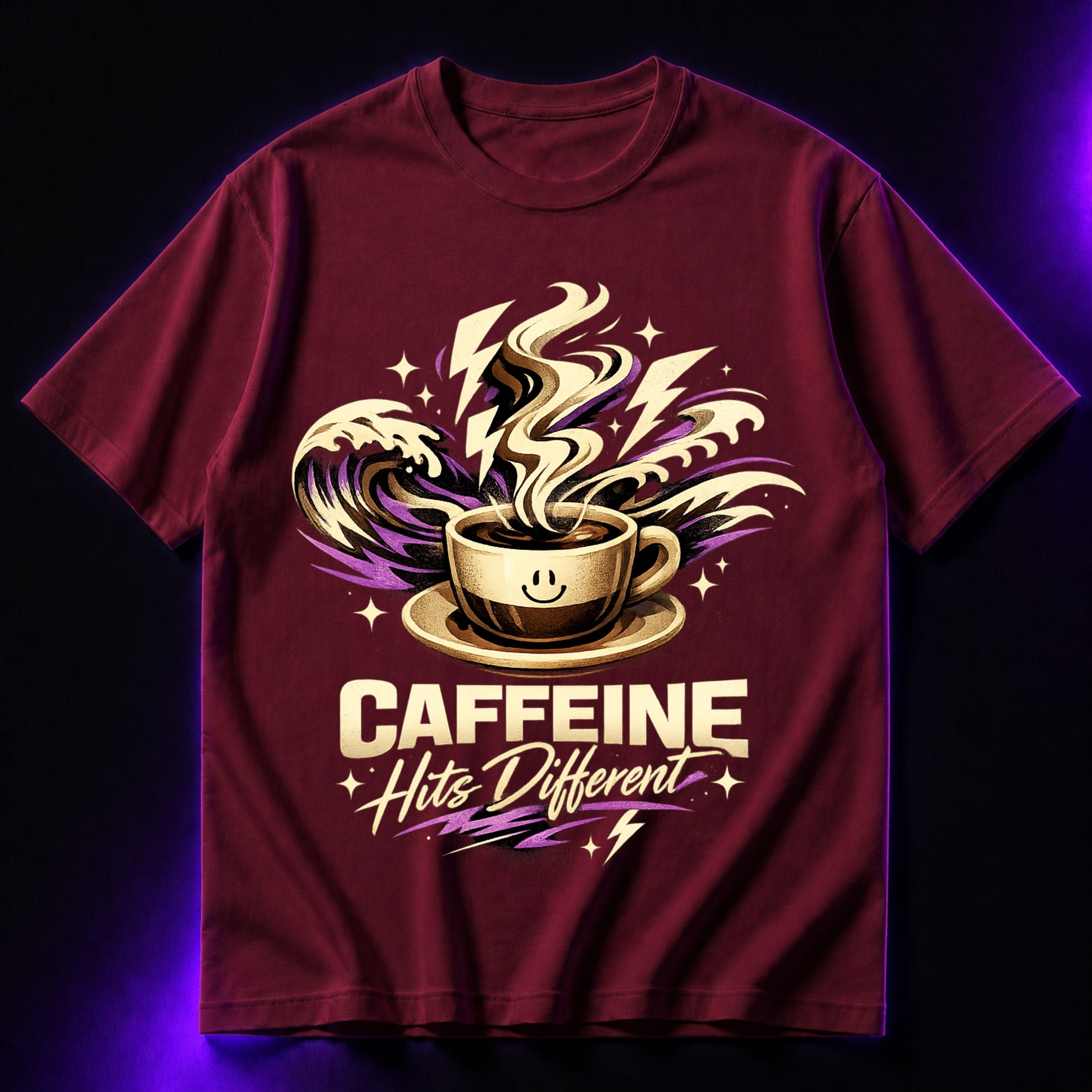 Caffeine Hits Different Oversized Graphic T-Shirt – Coffee Lover Unisex Tee