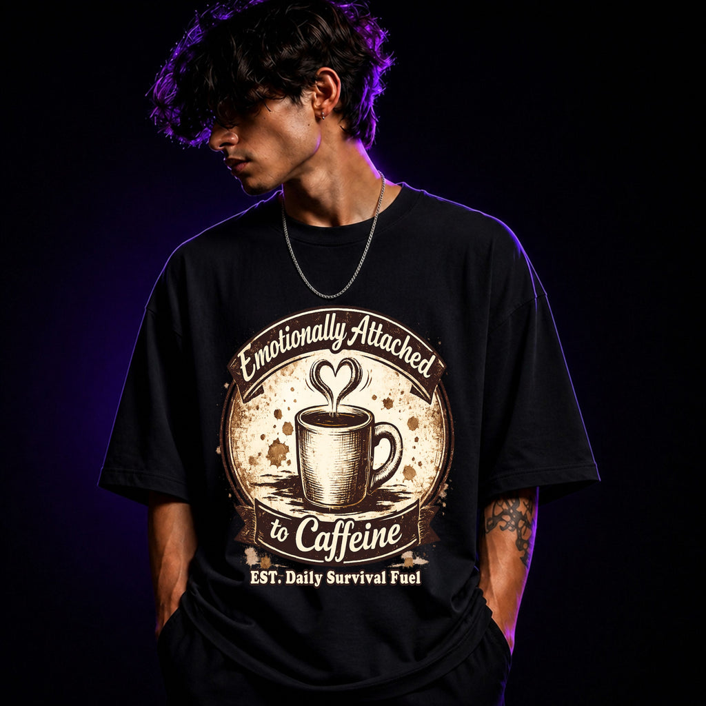 Emotionally Attached to Caffeine Oversized Graphic T-Shirt – Coffee Lover Unisex Tee