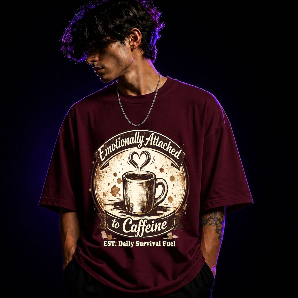 Emotionally Attached to Caffeine Oversized Graphic T-Shirt – Coffee Lover Unisex Tee