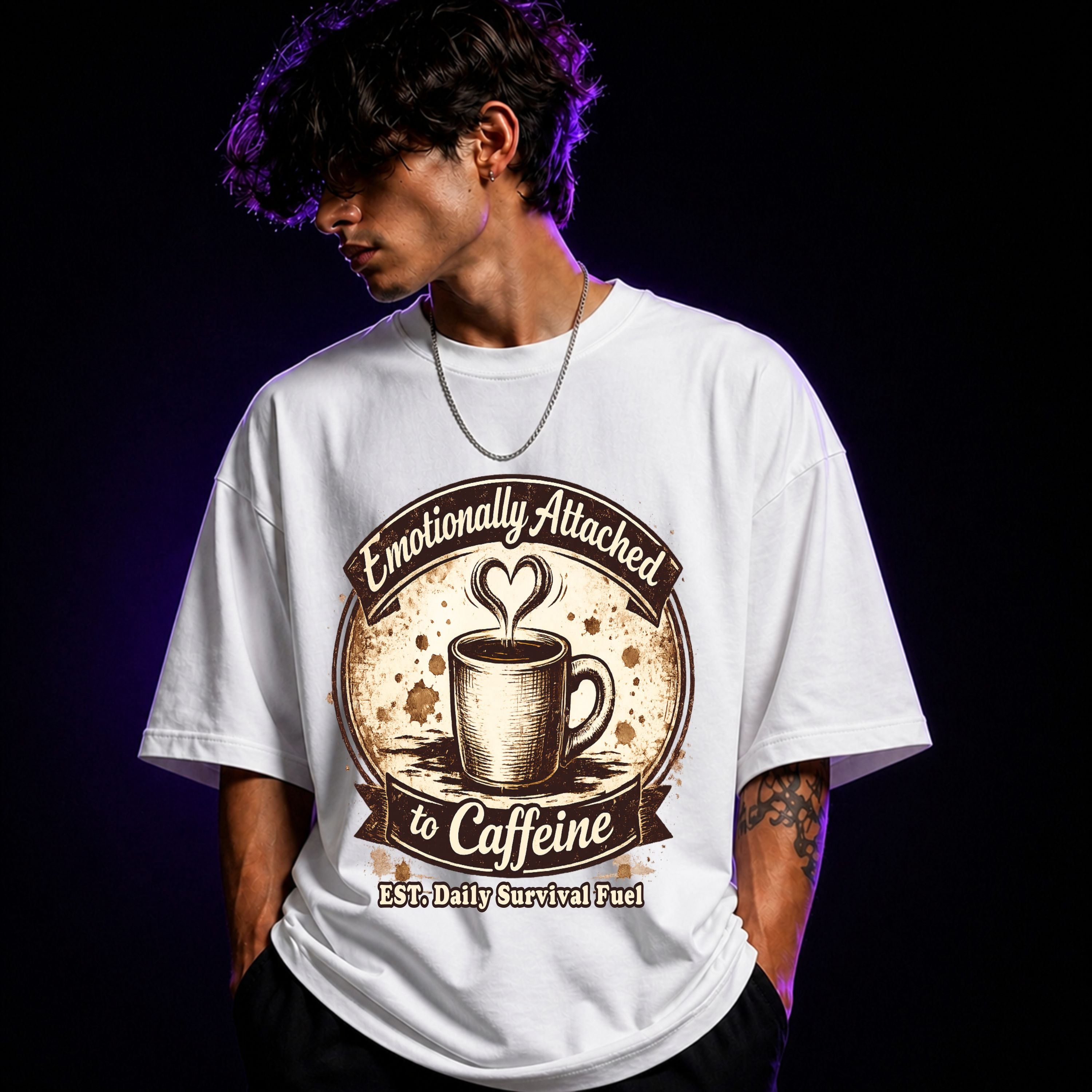 Emotionally Attached to Caffeine Oversized Graphic T-Shirt – Coffee Lover Unisex Tee