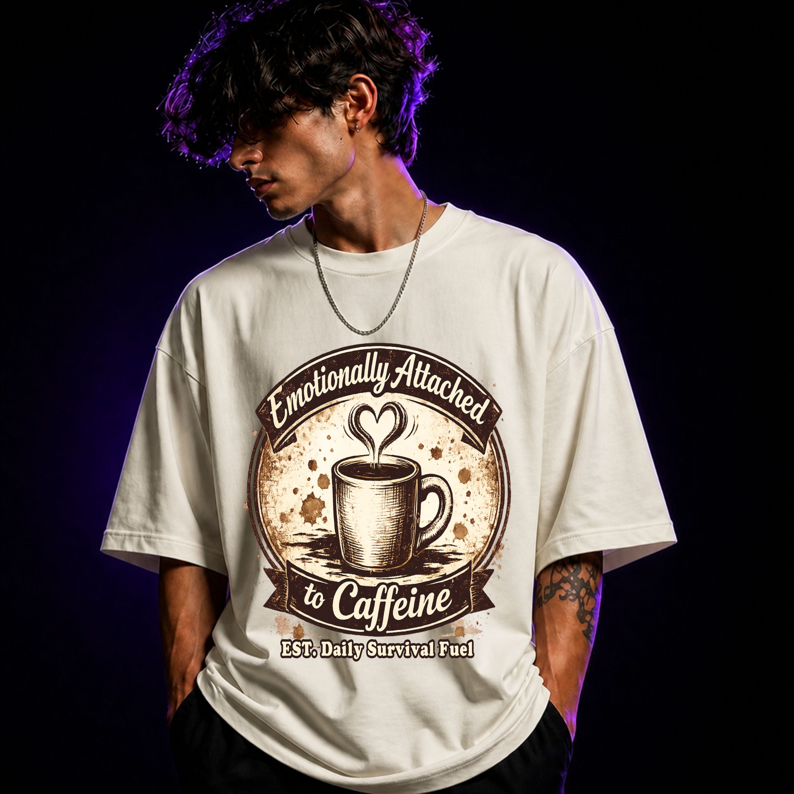 Emotionally Attached to Caffeine Oversized Graphic T-Shirt – Coffee Lover Unisex Tee