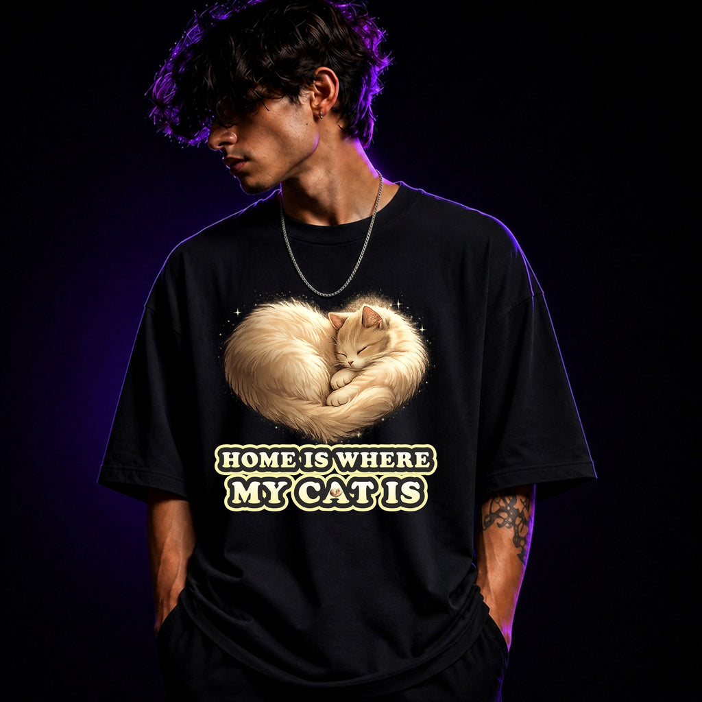 Home Is Where My Cat Is Oversized Graphic T-Shirt – Cat Lover Unisex Tee