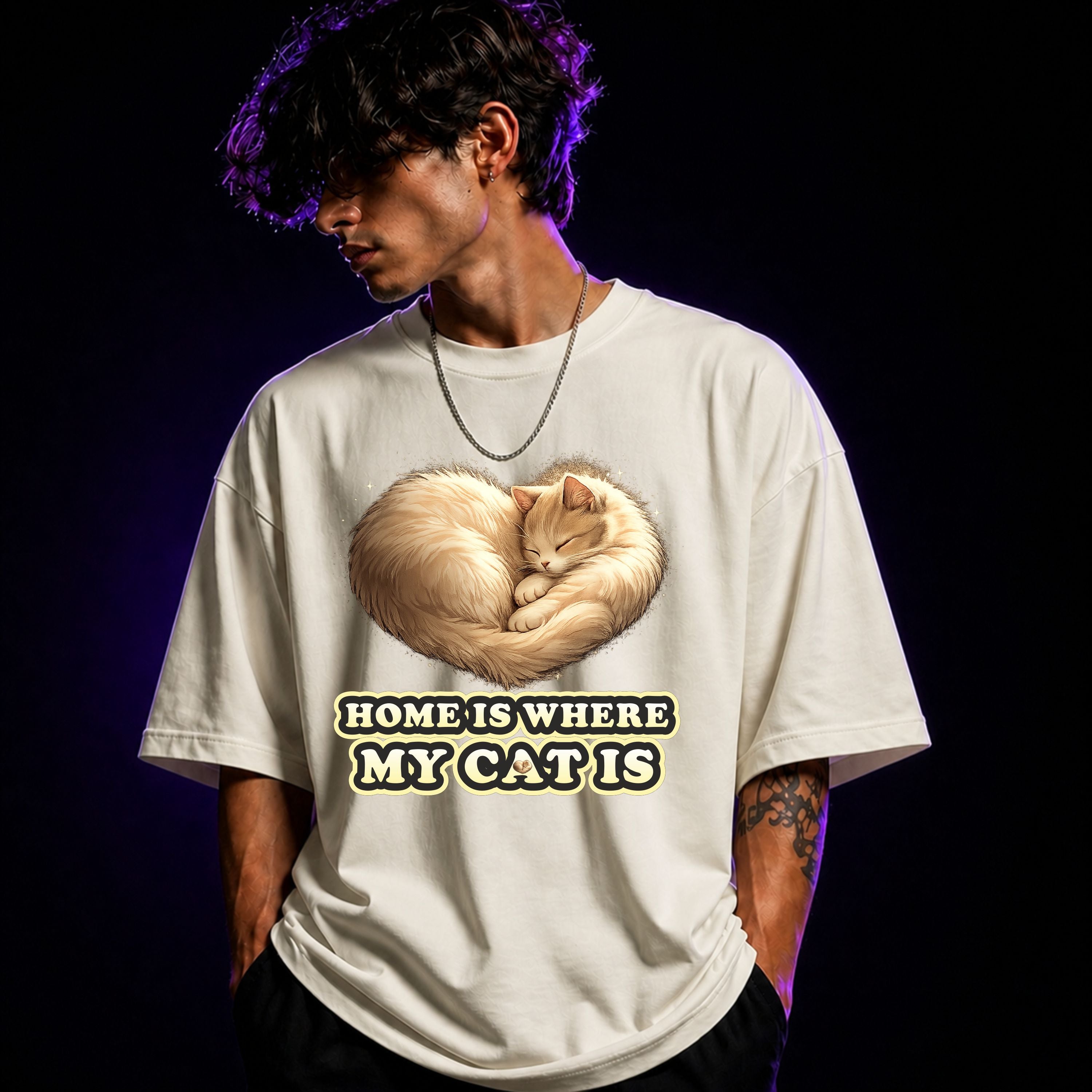 Home Is Where My Cat Is Oversized Graphic T-Shirt – Cat Lover Unisex Tee