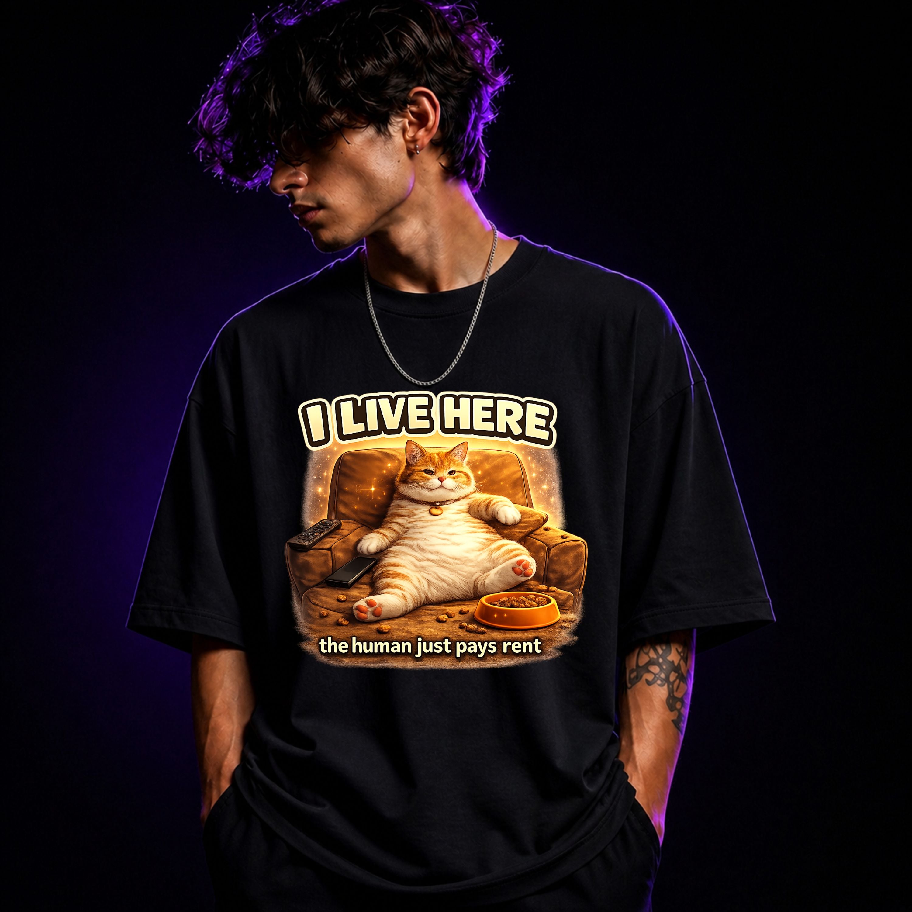 I Live Here, The Human Just Pays Rent Oversized Graphic T-Shirt – Funny Cat Lover Unisex Tee