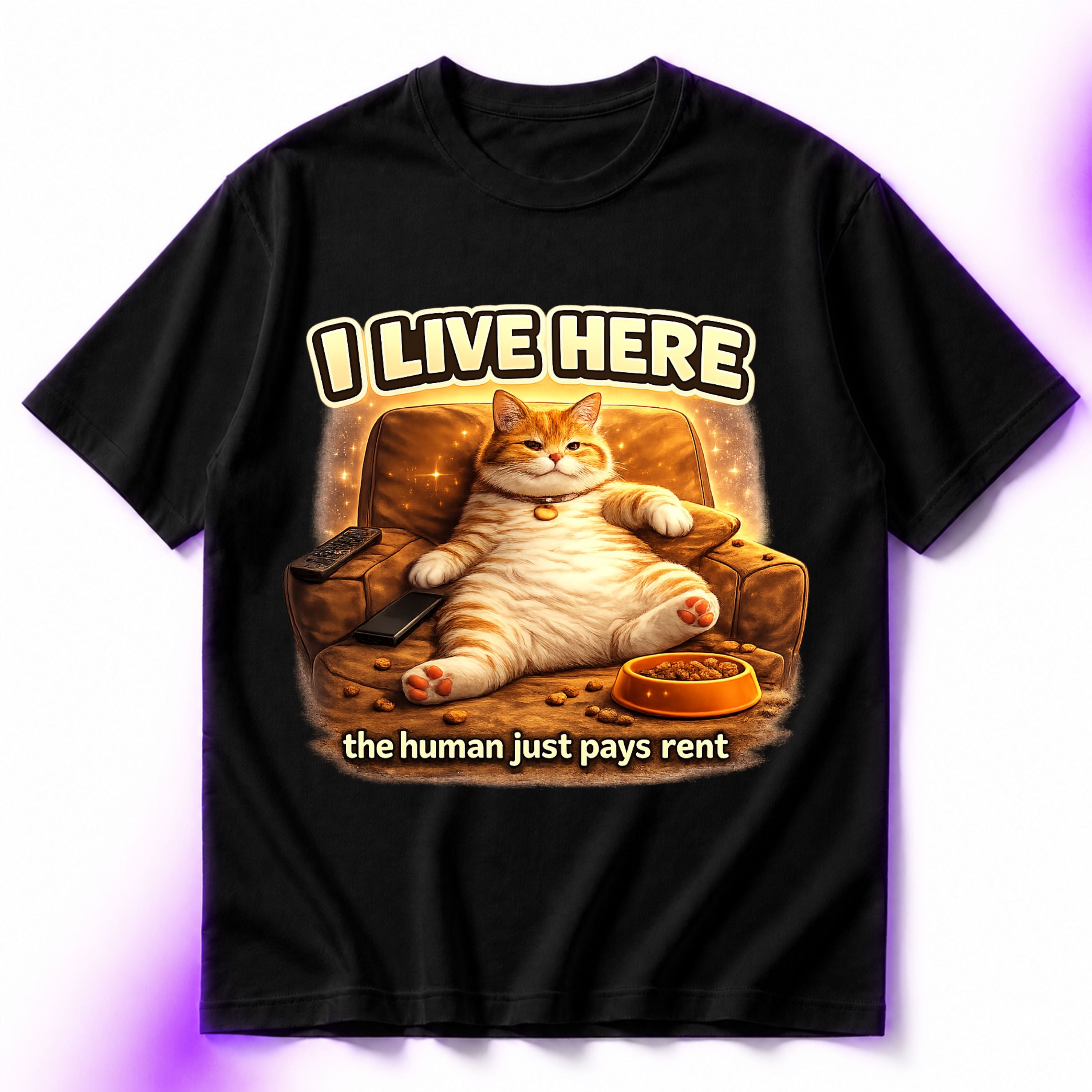 I Live Here, The Human Just Pays Rent Oversized Graphic T-Shirt – Funny Cat Lover Unisex Tee