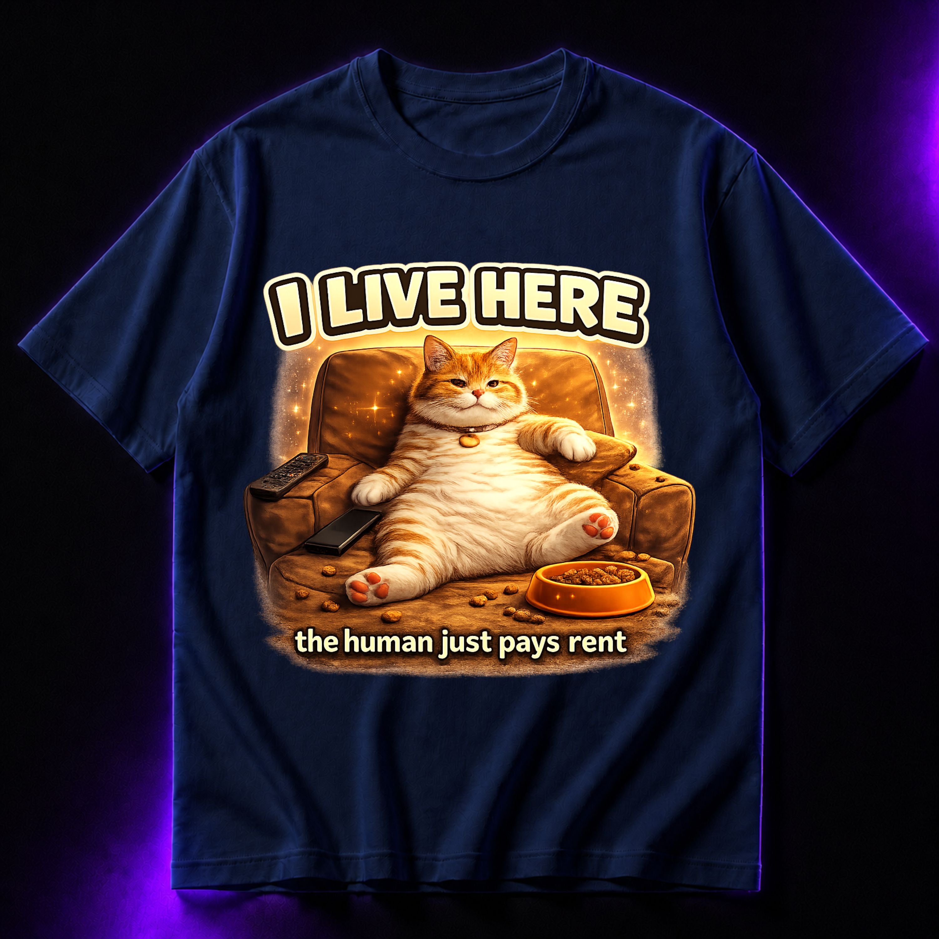 I Live Here, The Human Just Pays Rent Oversized Graphic T-Shirt – Funny Cat Lover Unisex Tee