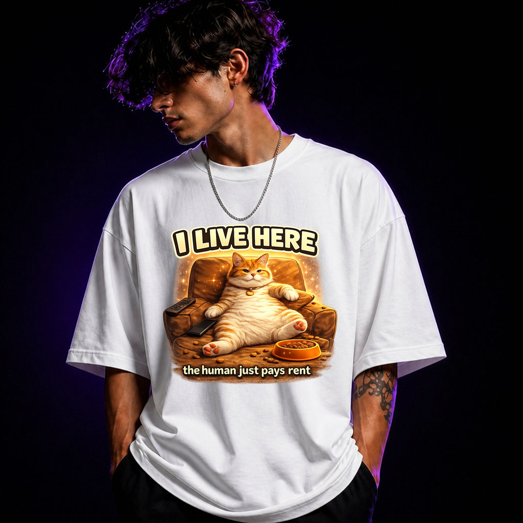 I Live Here, The Human Just Pays Rent Oversized Graphic T-Shirt – Funny Cat Lover Unisex Tee