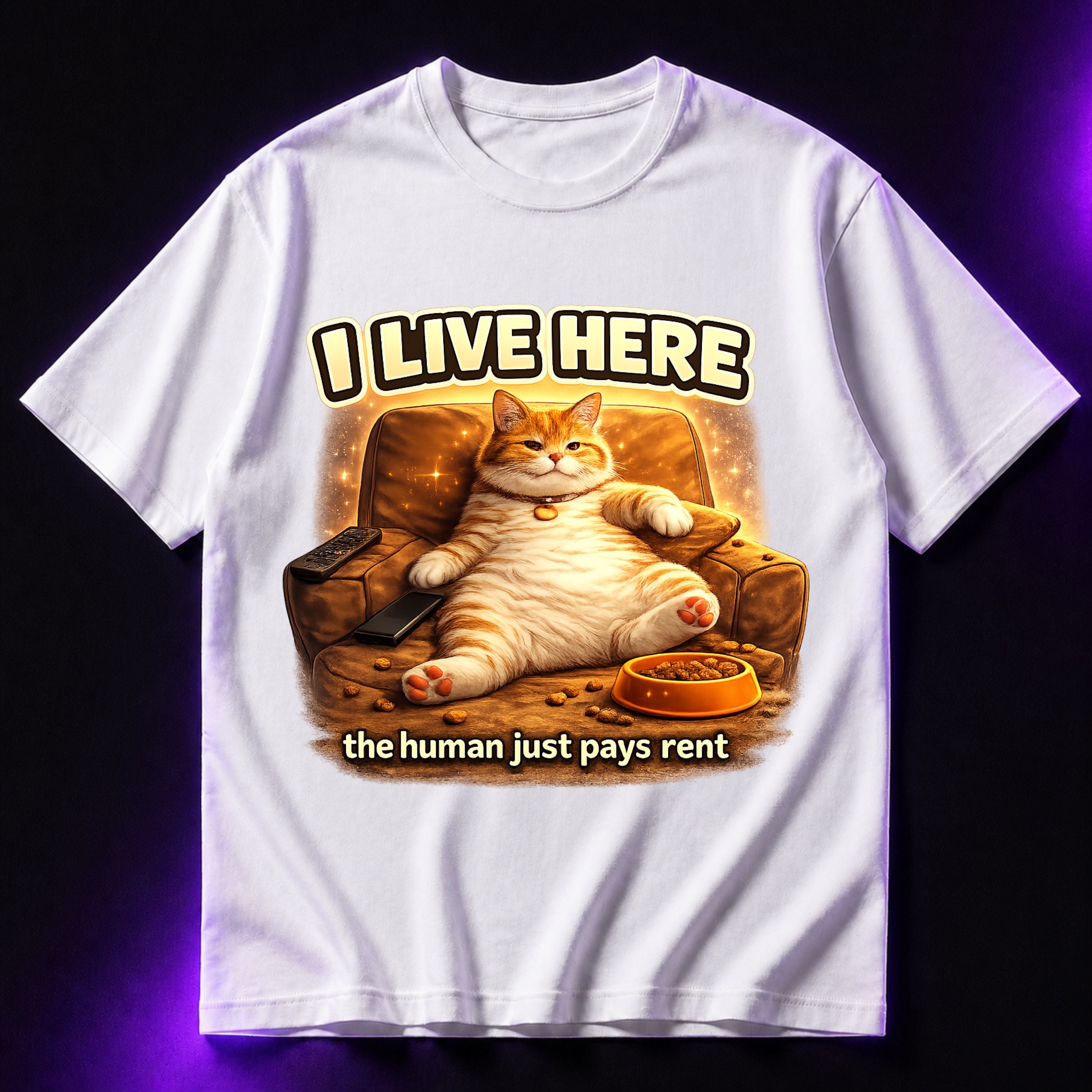I Live Here, The Human Just Pays Rent Oversized Graphic T-Shirt – Funny Cat Lover Unisex Tee