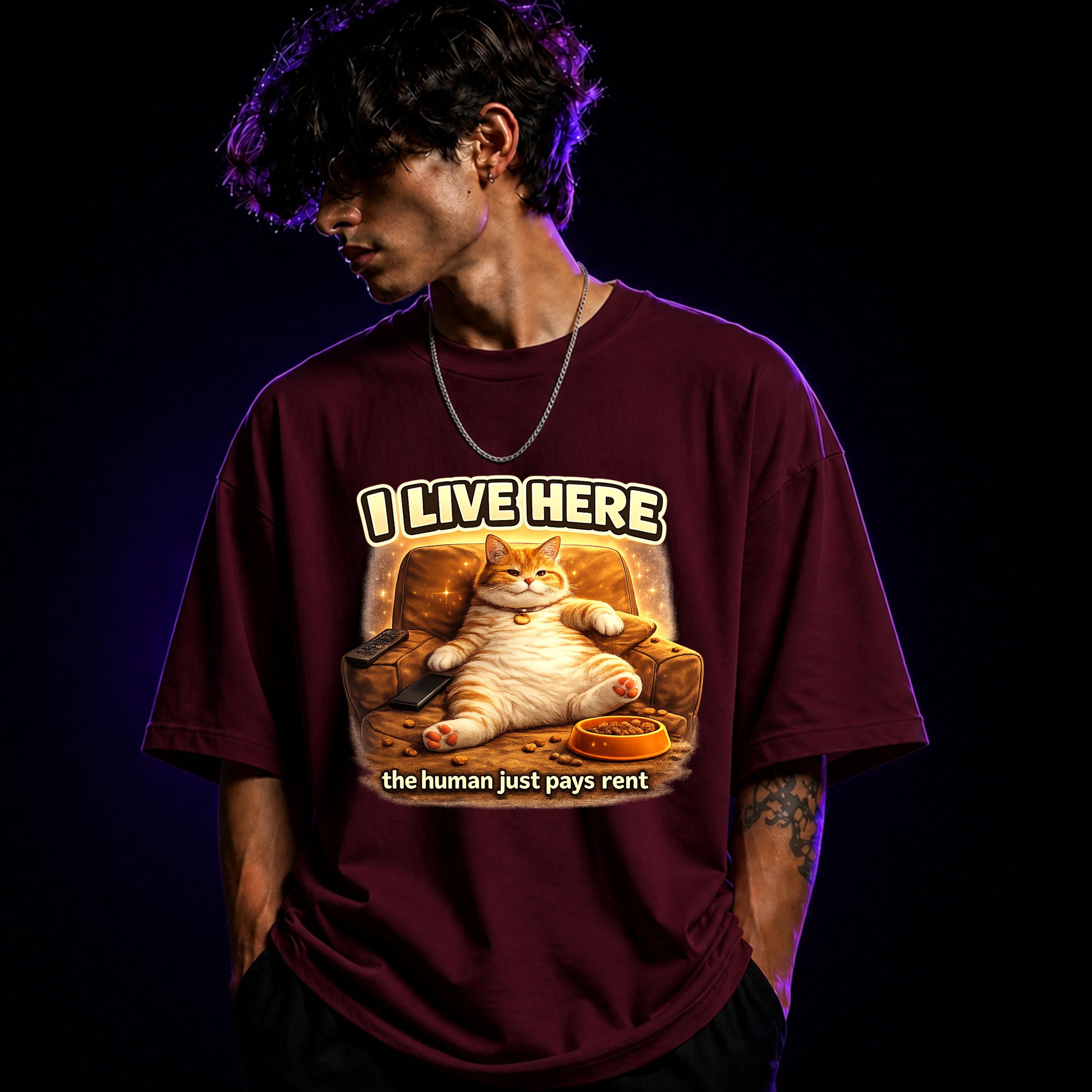 I Live Here, The Human Just Pays Rent Oversized Graphic T-Shirt – Funny Cat Lover Unisex Tee