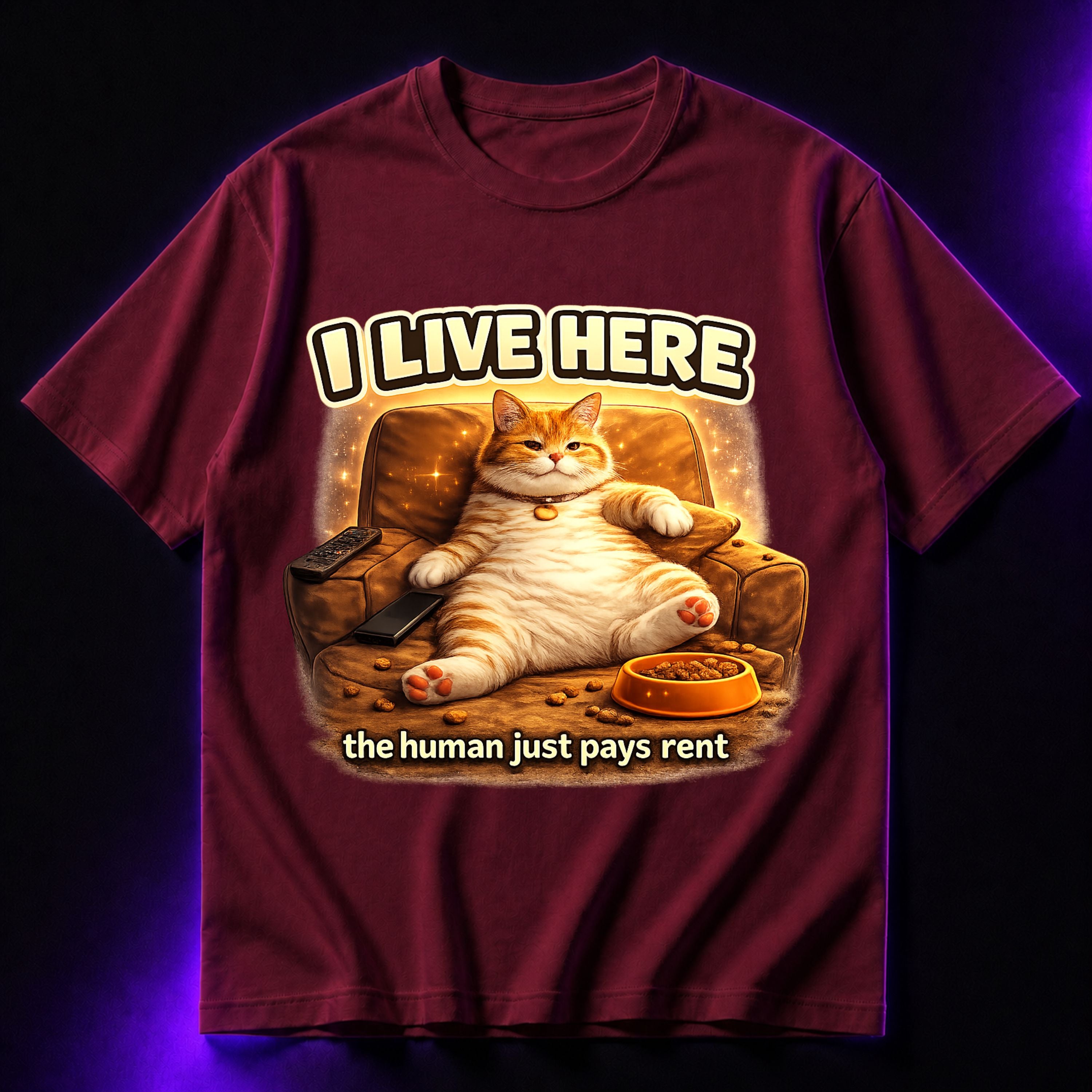 I Live Here, The Human Just Pays Rent Oversized Graphic T-Shirt – Funny Cat Lover Unisex Tee