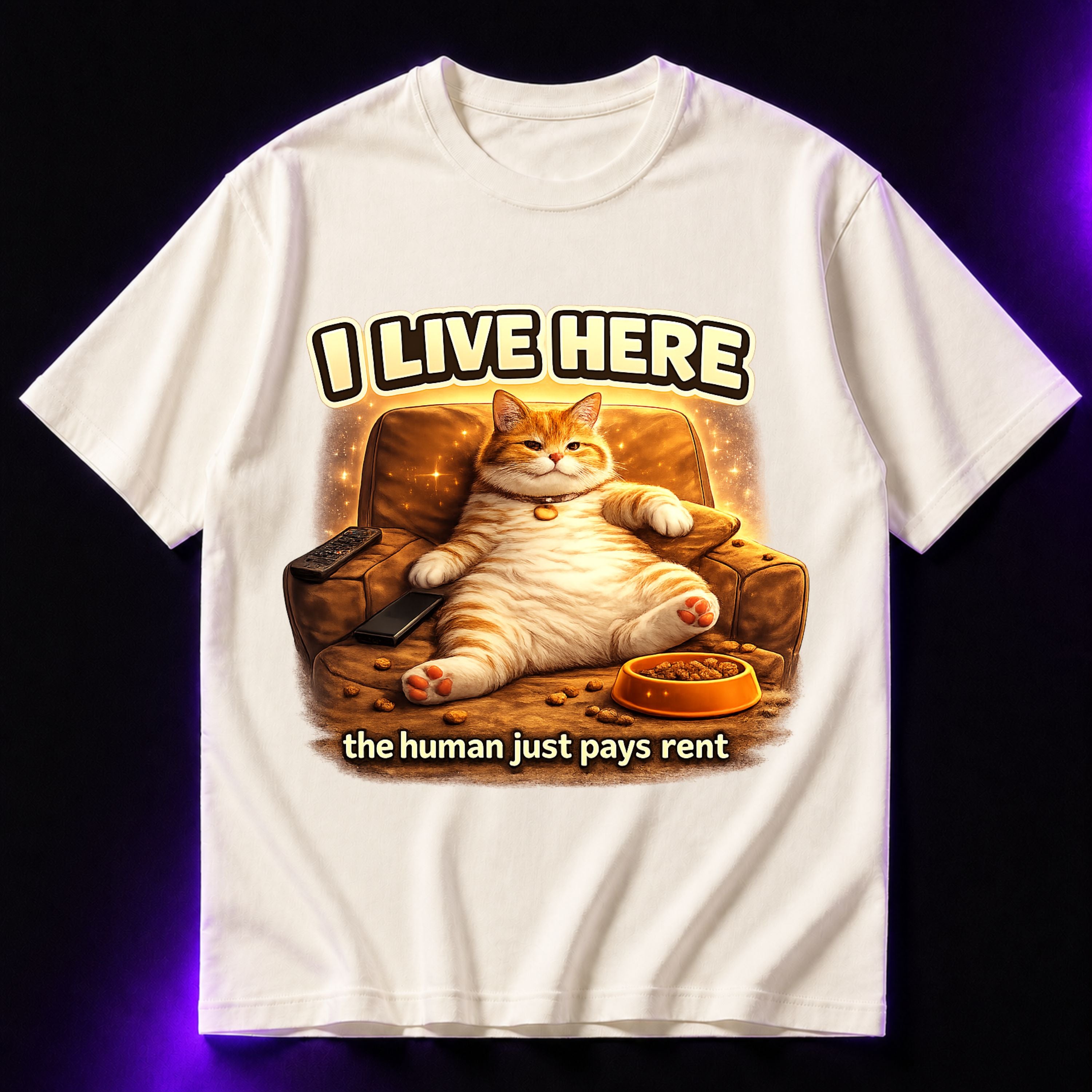 I Live Here, The Human Just Pays Rent Oversized Graphic T-Shirt – Funny Cat Lover Unisex Tee