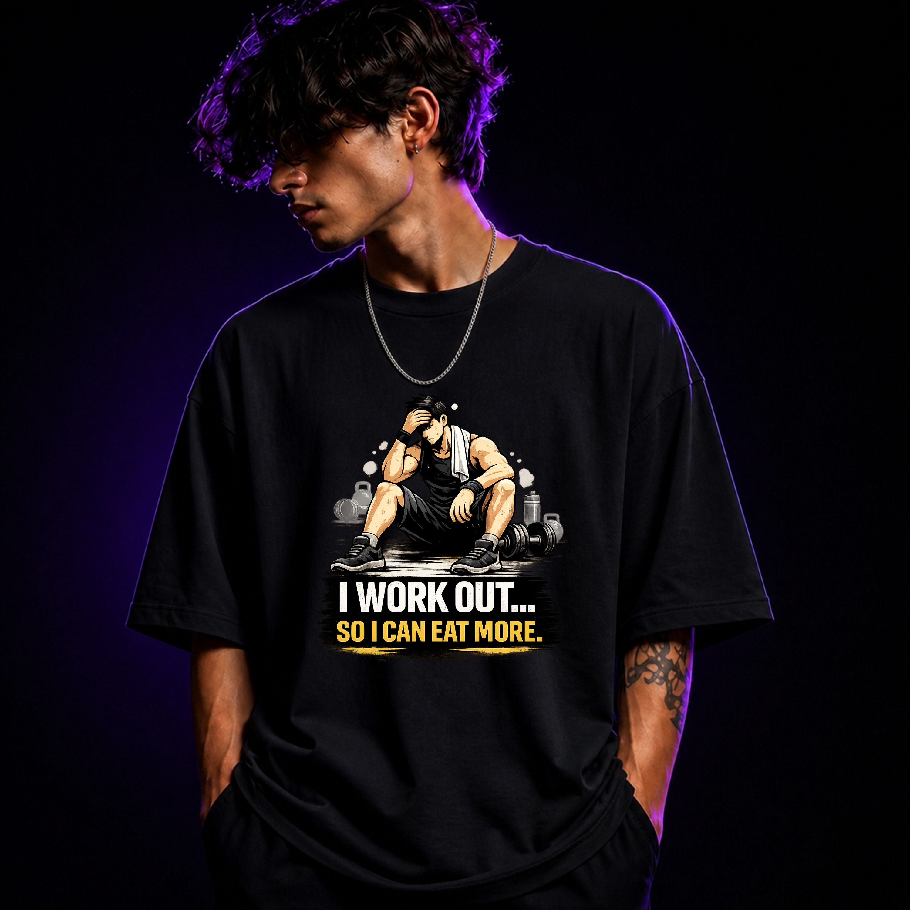 I Work Out So I Can Eat More Oversized Gym Graphic T-Shirt – Funny Fitness Unisex Tee