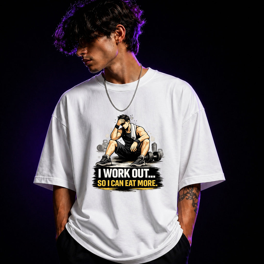 I Work Out So I Can Eat More Oversized Gym Graphic T-Shirt – Funny Fitness Unisex Tee