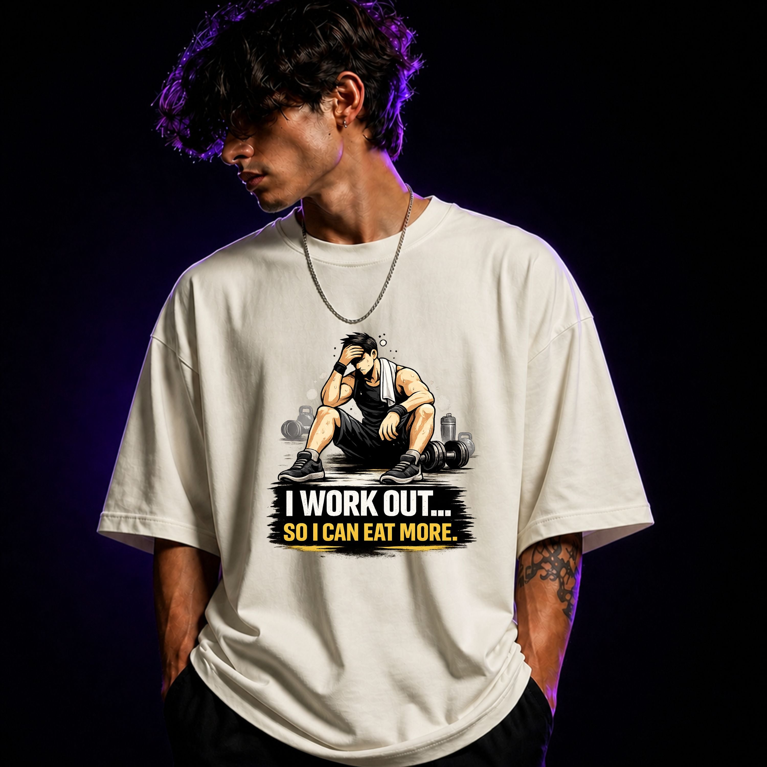 I Work Out So I Can Eat More Oversized Gym Graphic T-Shirt – Funny Fitness Unisex Tee