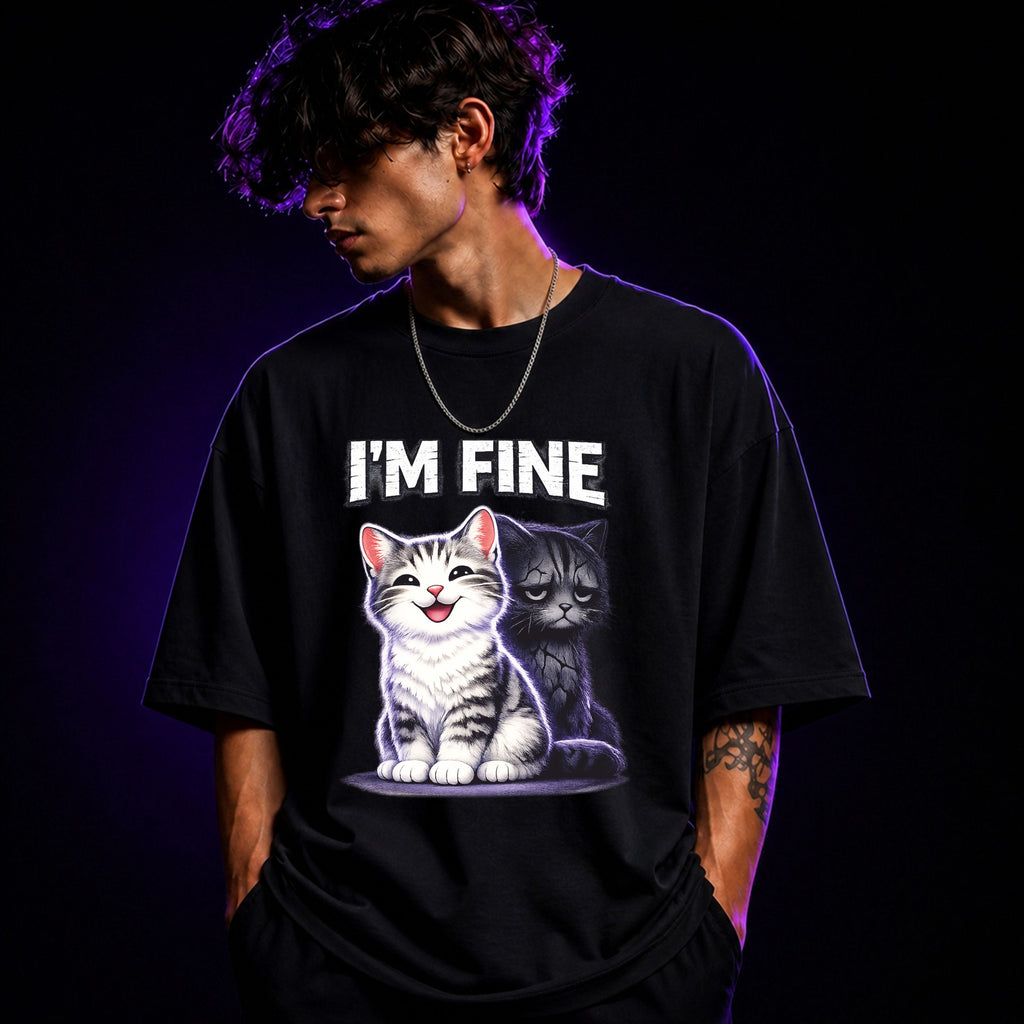 I’m Fine ( Sad Cat ) Oversized Graphic T-Shirt –  Cat Lover Unisex Tee