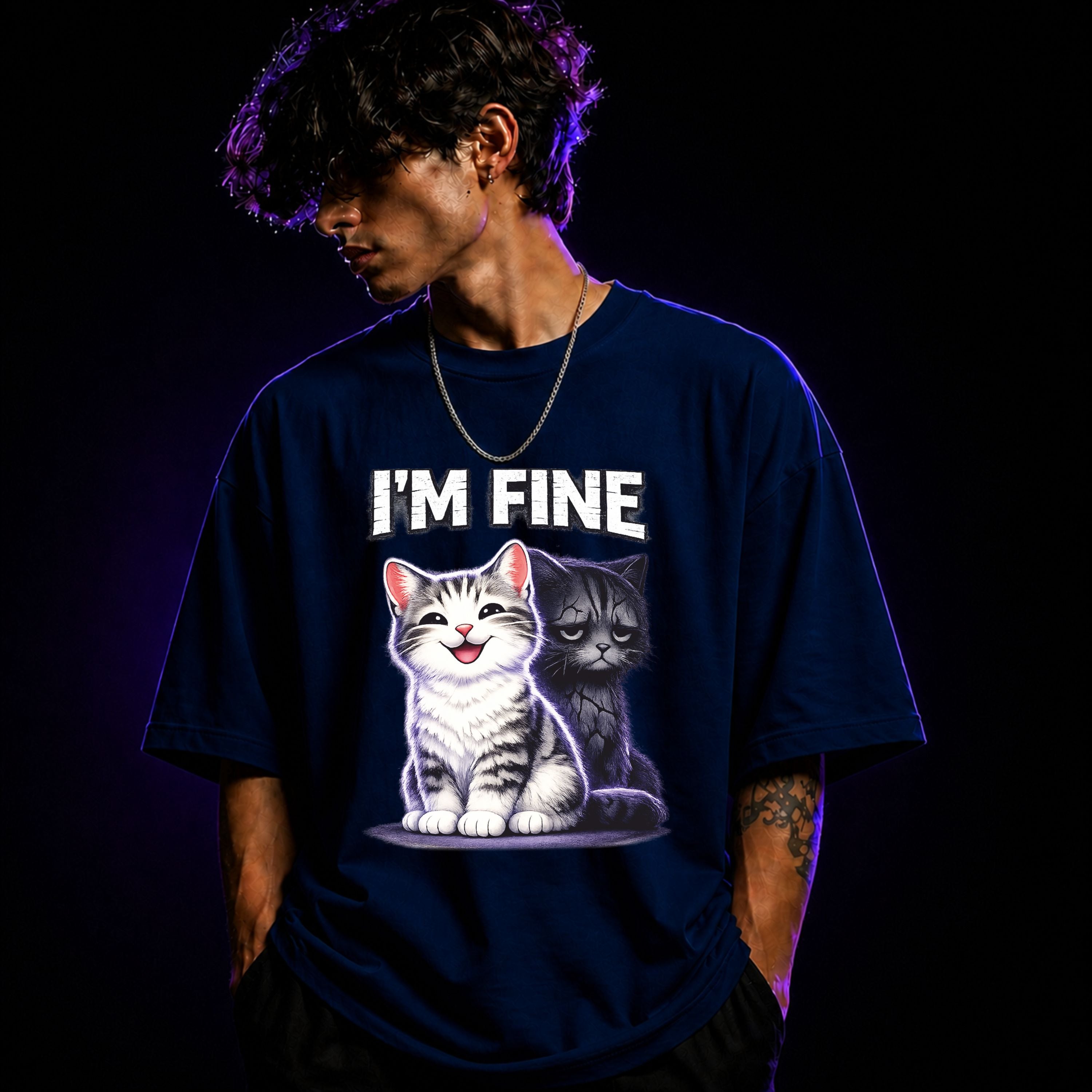 I’m Fine ( Sad Cat ) Oversized Graphic T-Shirt –  Cat Lover Unisex Tee