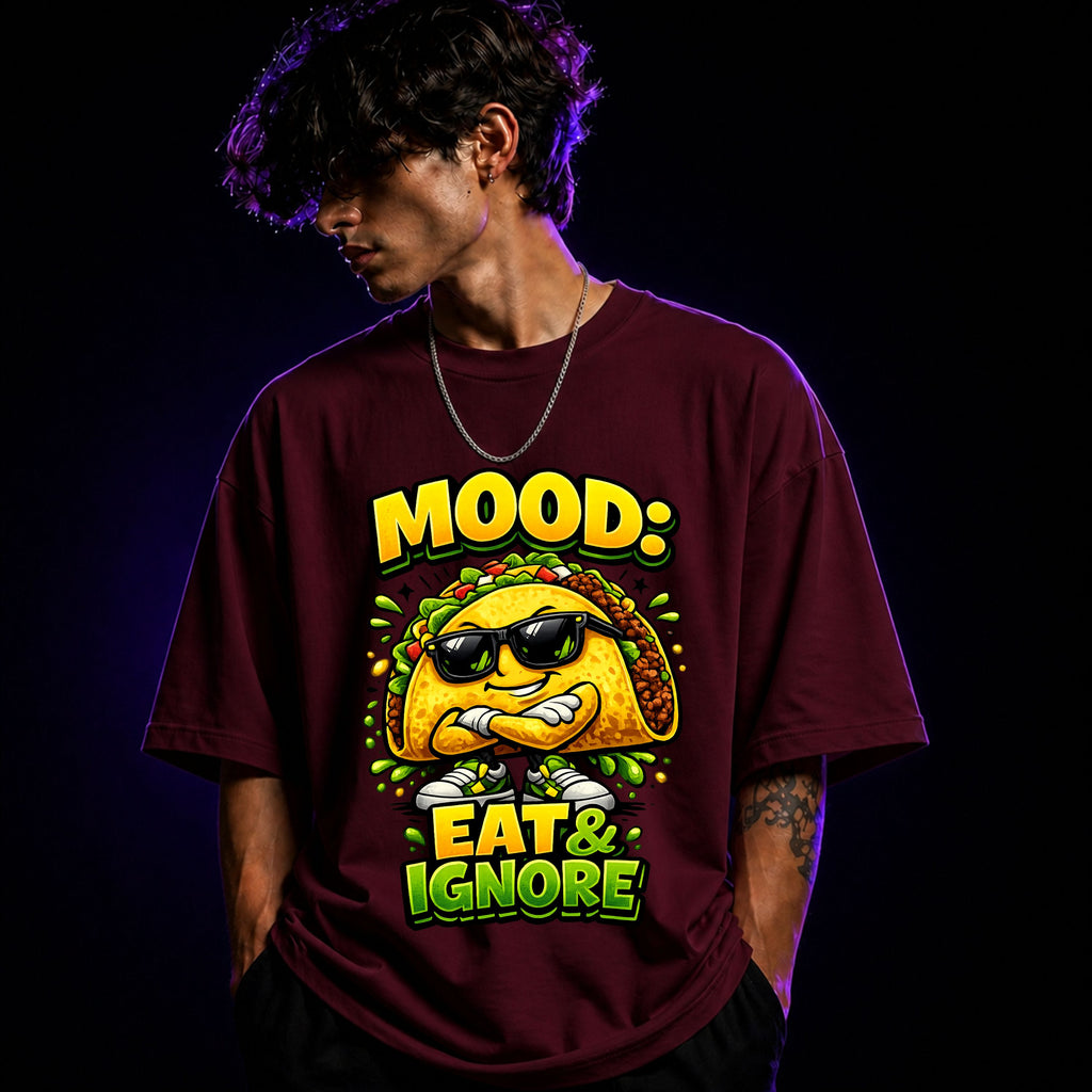 Mood: Eat & Ignore Oversized Graphic T-Shirt – Funny Foodie Unisex Terry Tee