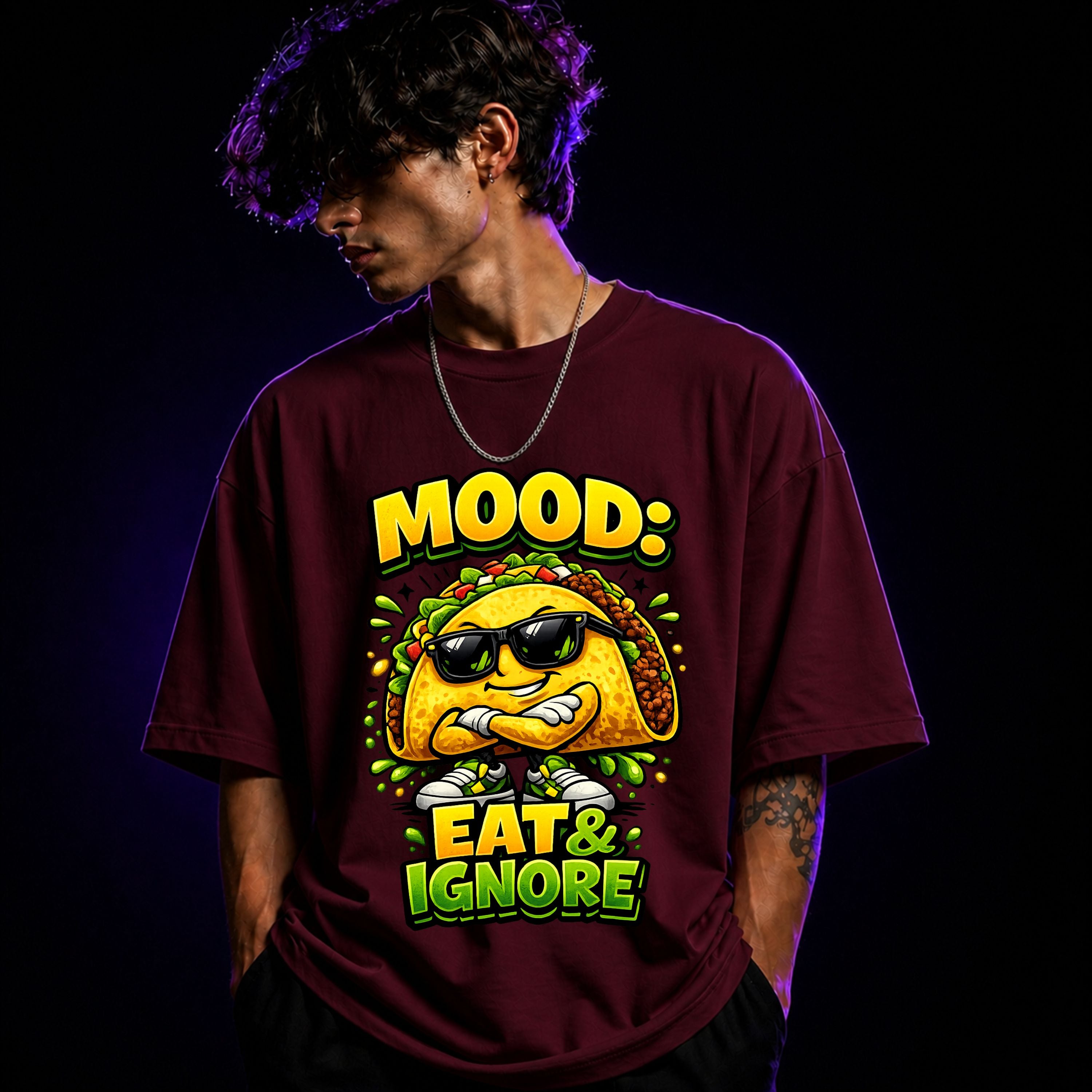 Mood: Eat & Ignore Oversized Graphic T-Shirt – Funny Foodie Unisex Terry Tee