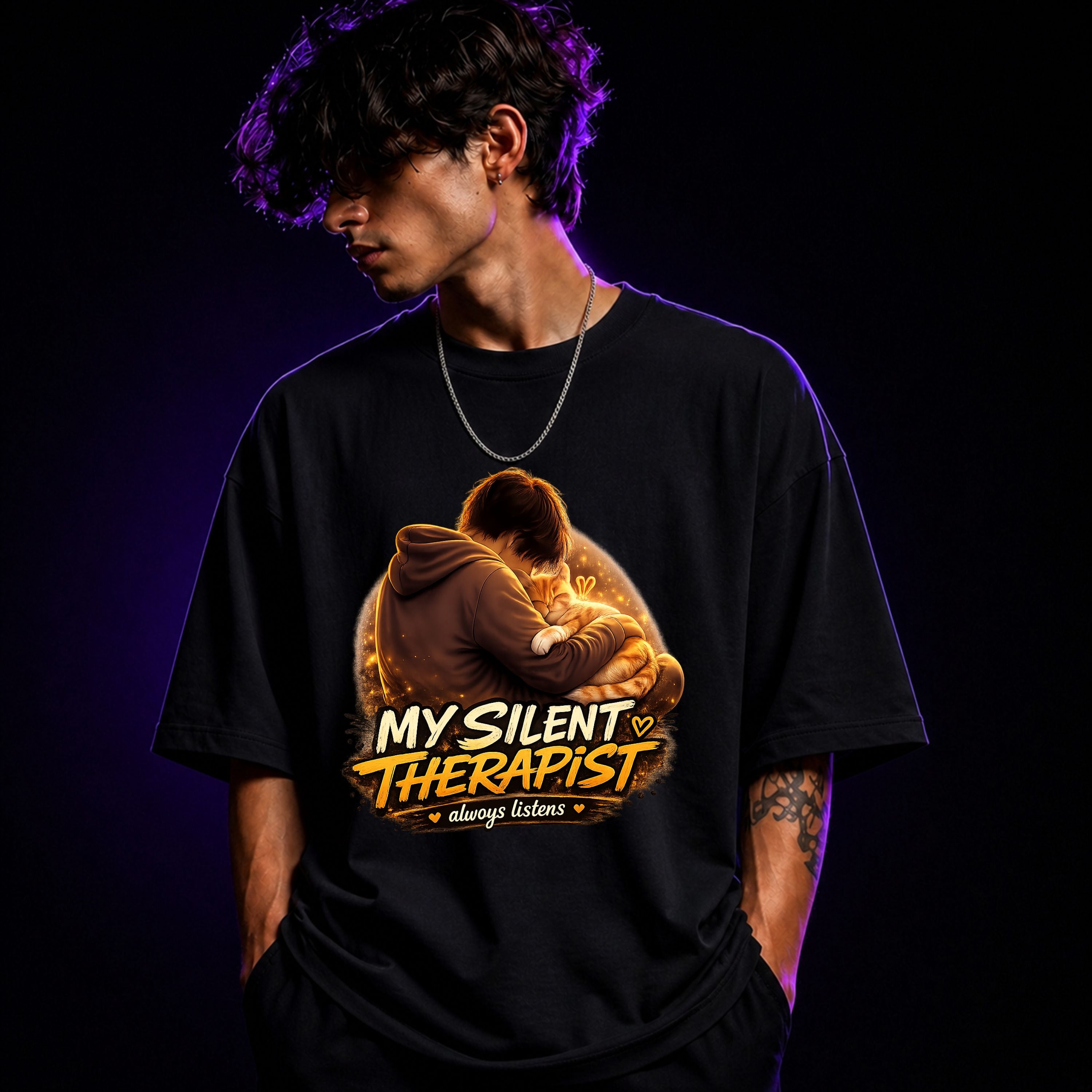 My Silent Therapist Always Listens Oversized Graphic T-Shirt – Cat Lover Unisex Tee