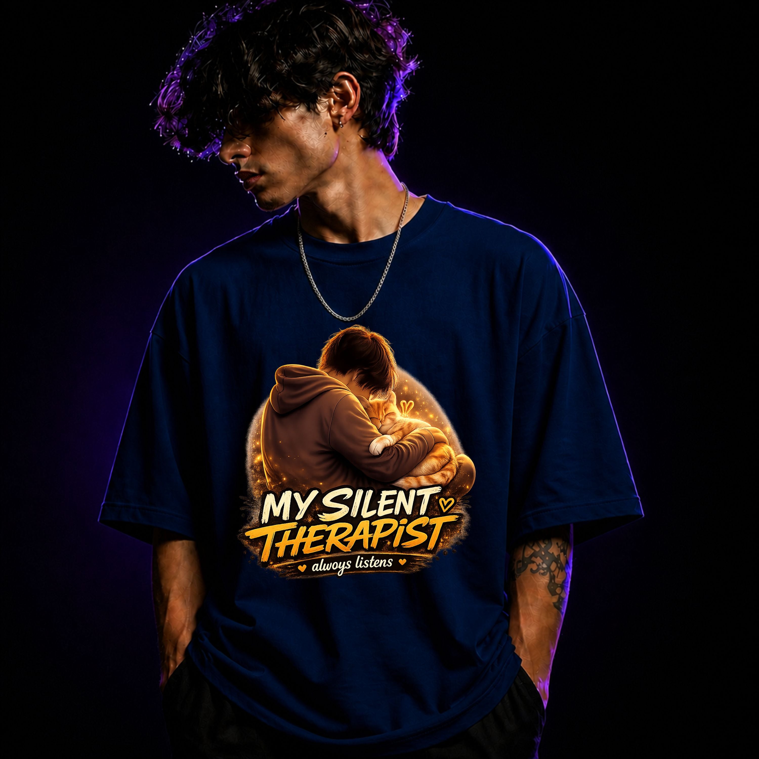 My Silent Therapist Always Listens Oversized Graphic T-Shirt – Cat Lover Unisex Tee