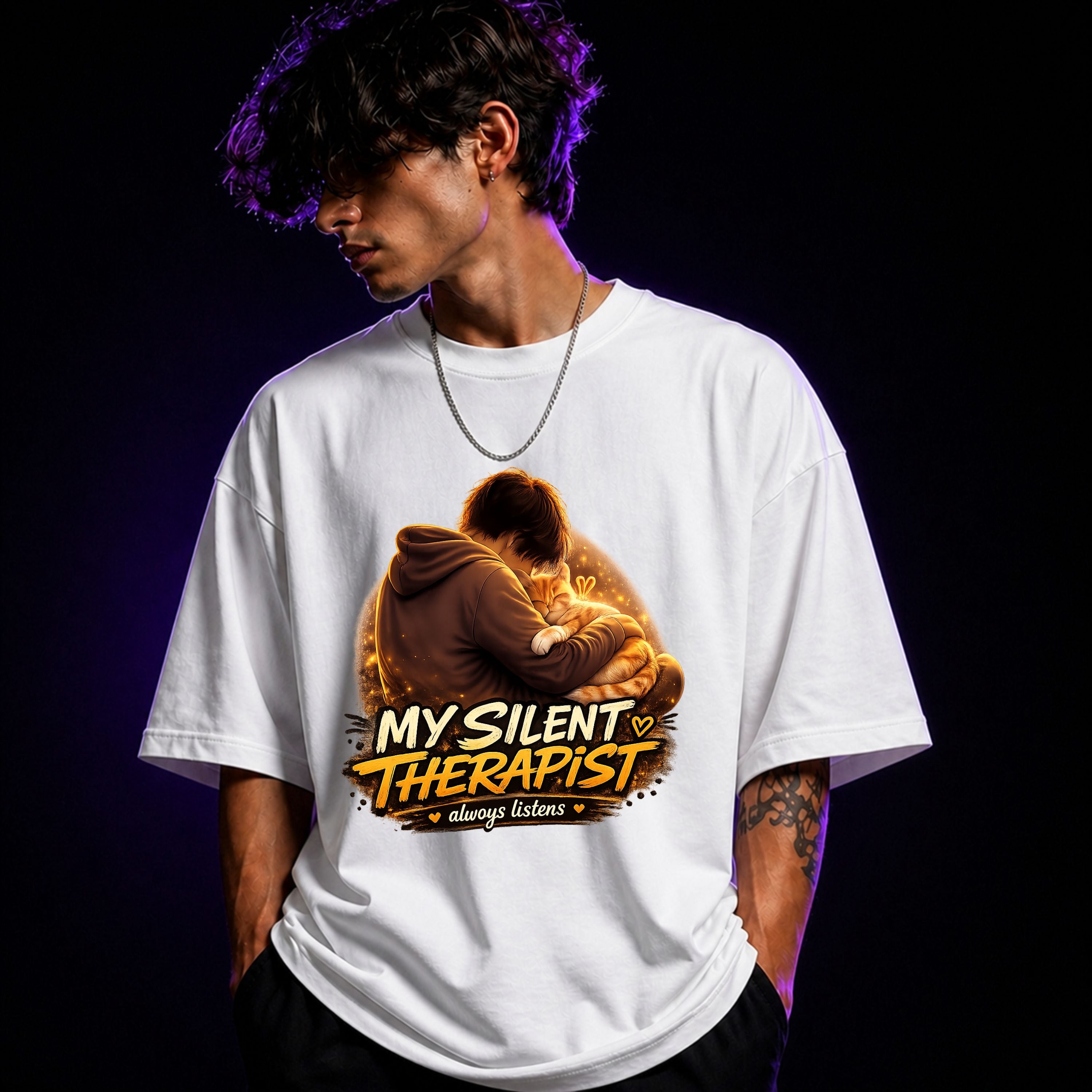 My Silent Therapist Always Listens Oversized Graphic T-Shirt – Cat Lover Unisex Tee