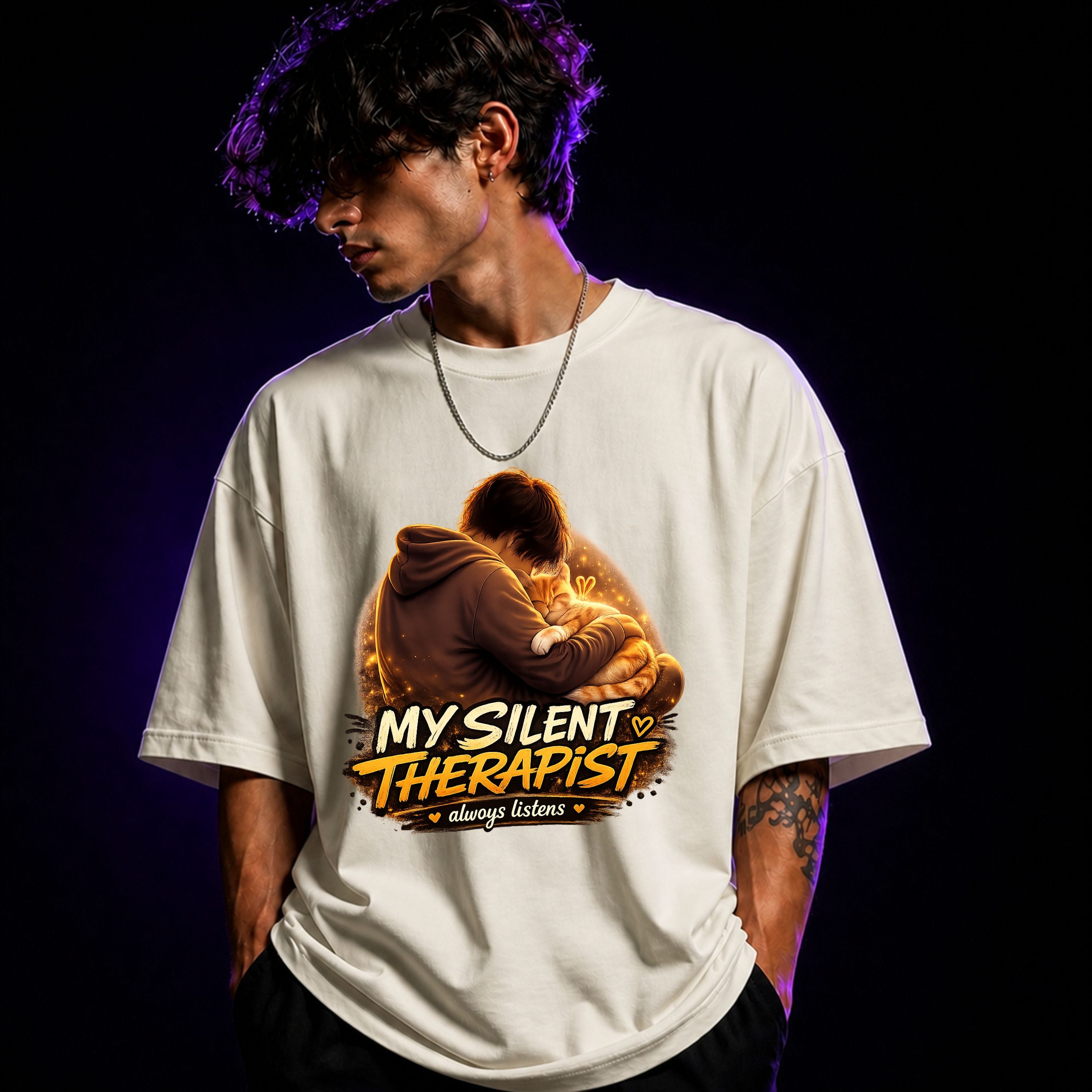 My Silent Therapist Always Listens Oversized Graphic T-Shirt – Cat Lover Unisex Tee