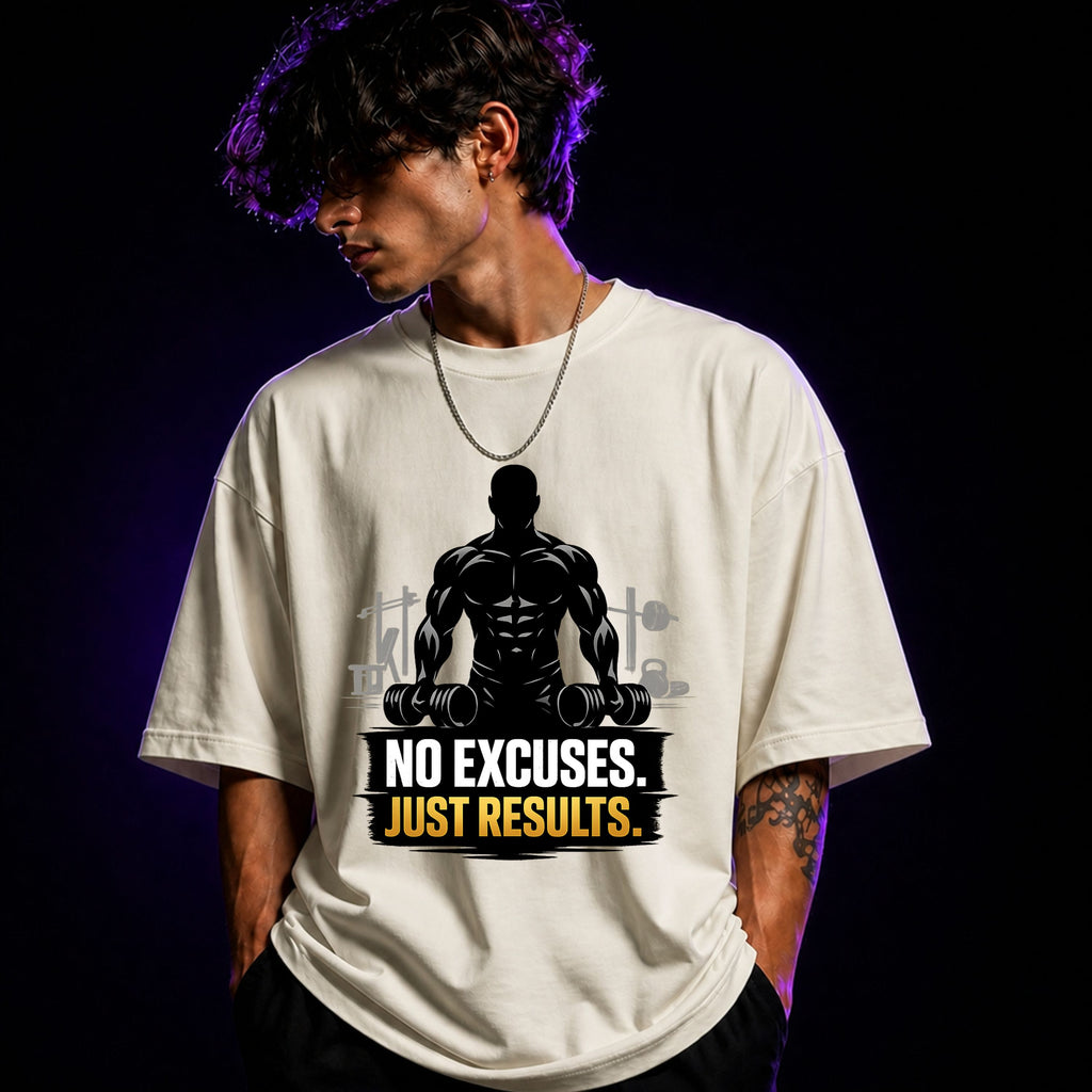 No Excuses Just Results Oversized Gym Graphic T-Shirt – Motivational Unisex Tee