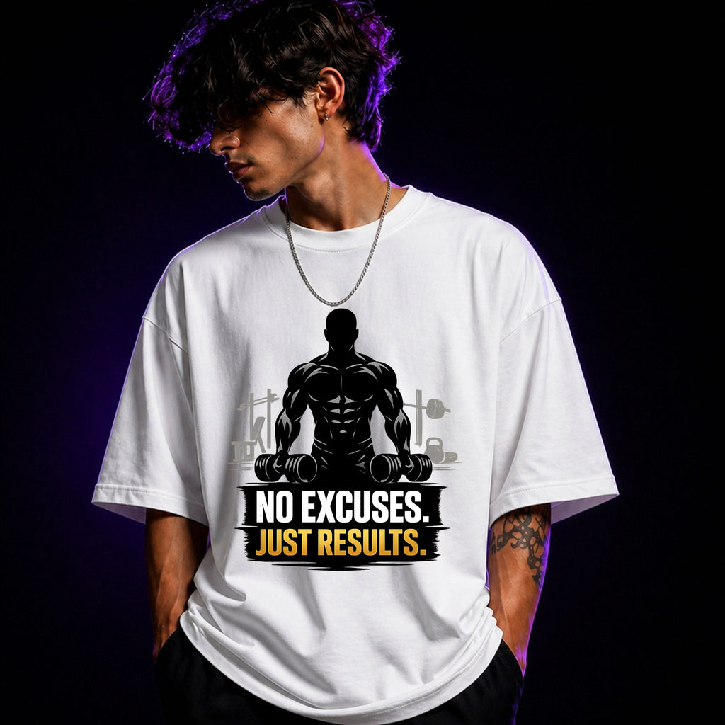 No Excuses Just Results Oversized Gym Graphic T-Shirt – Motivational Unisex Tee