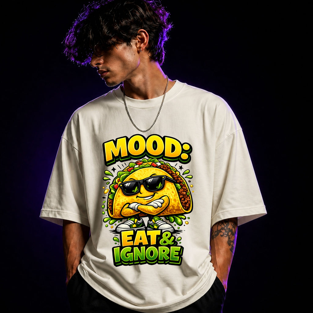 Mood: Eat & Ignore Oversized Graphic T-Shirt – Funny Foodie Unisex Terry Tee