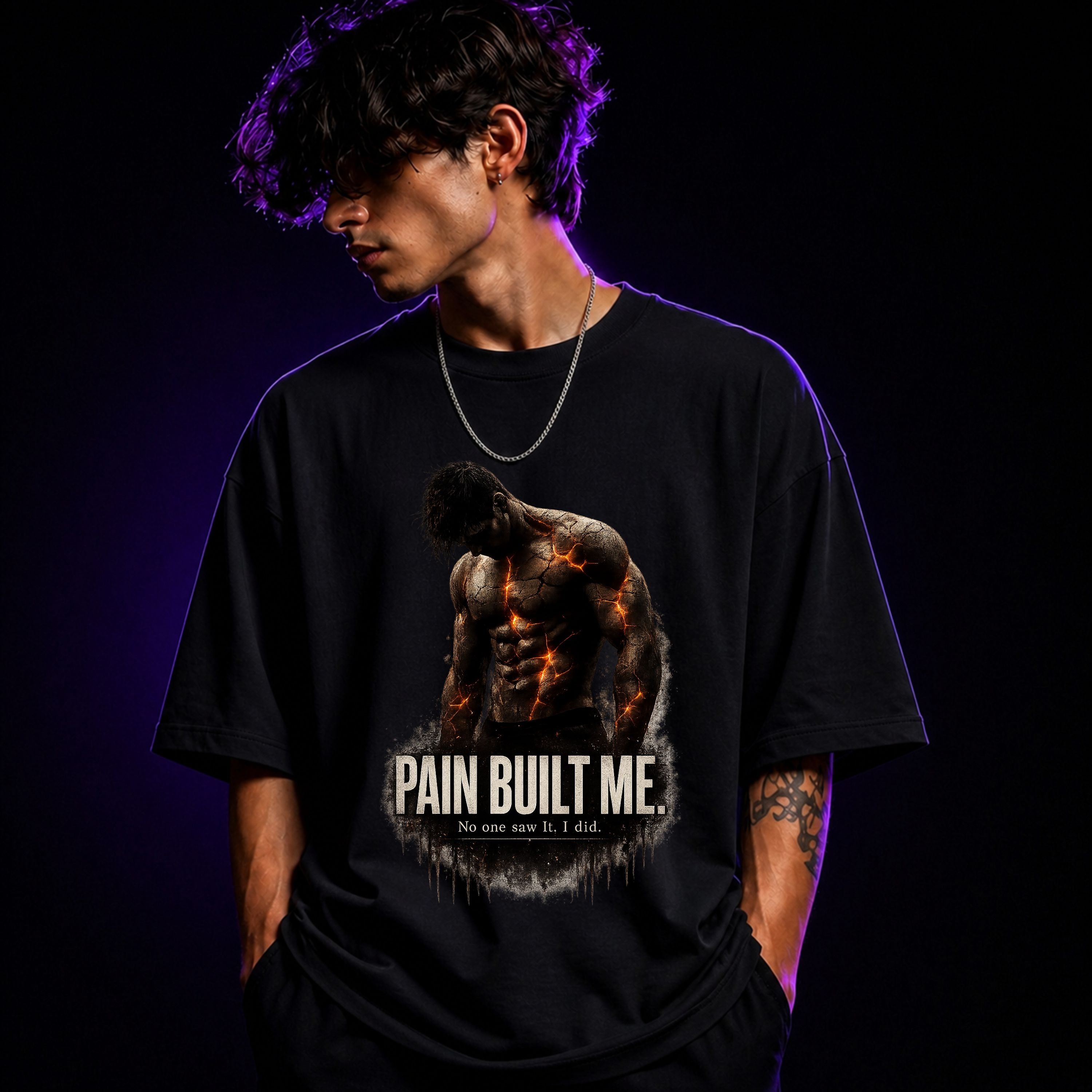 Pain Built Me No One Saw It Oversized Gym Graphic T-Shirt – Motivational Unisex Tee