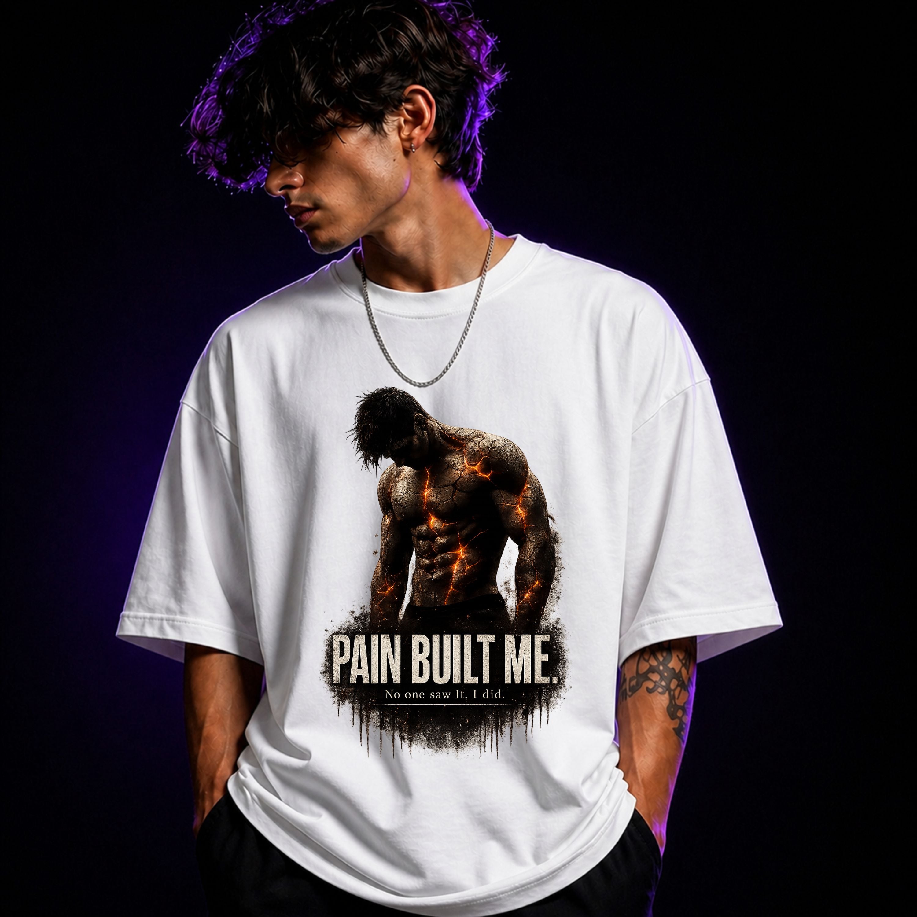 Pain Built Me No One Saw It Oversized Gym Graphic T-Shirt – Motivational Unisex Tee