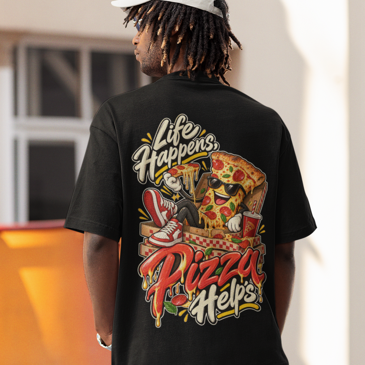 Life Happens, Pizza Helps Unisex Oversized Tee