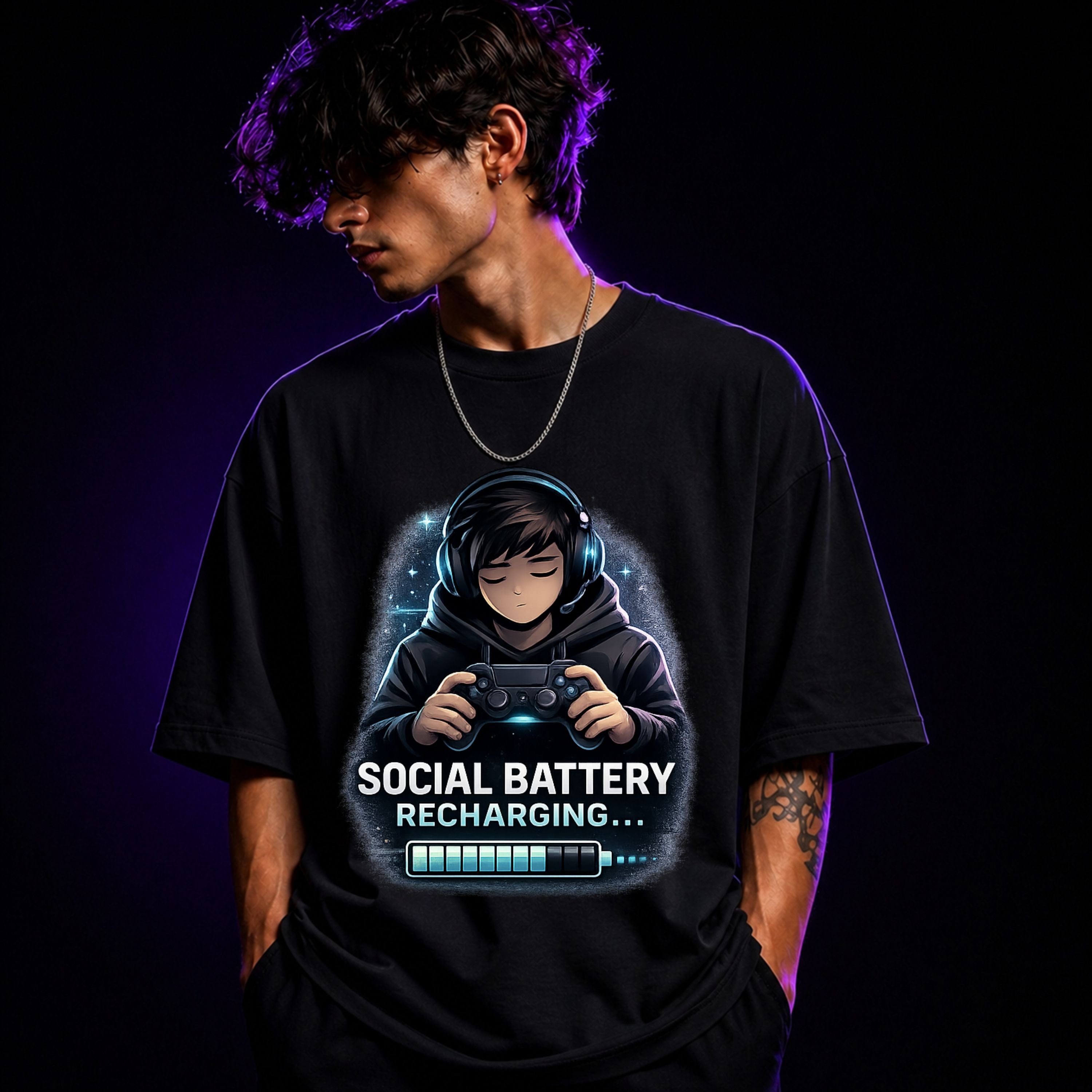 Social Battery Recharging Oversized Gaming Graphic T-Shirt – Funny Introvert Gamer Tee