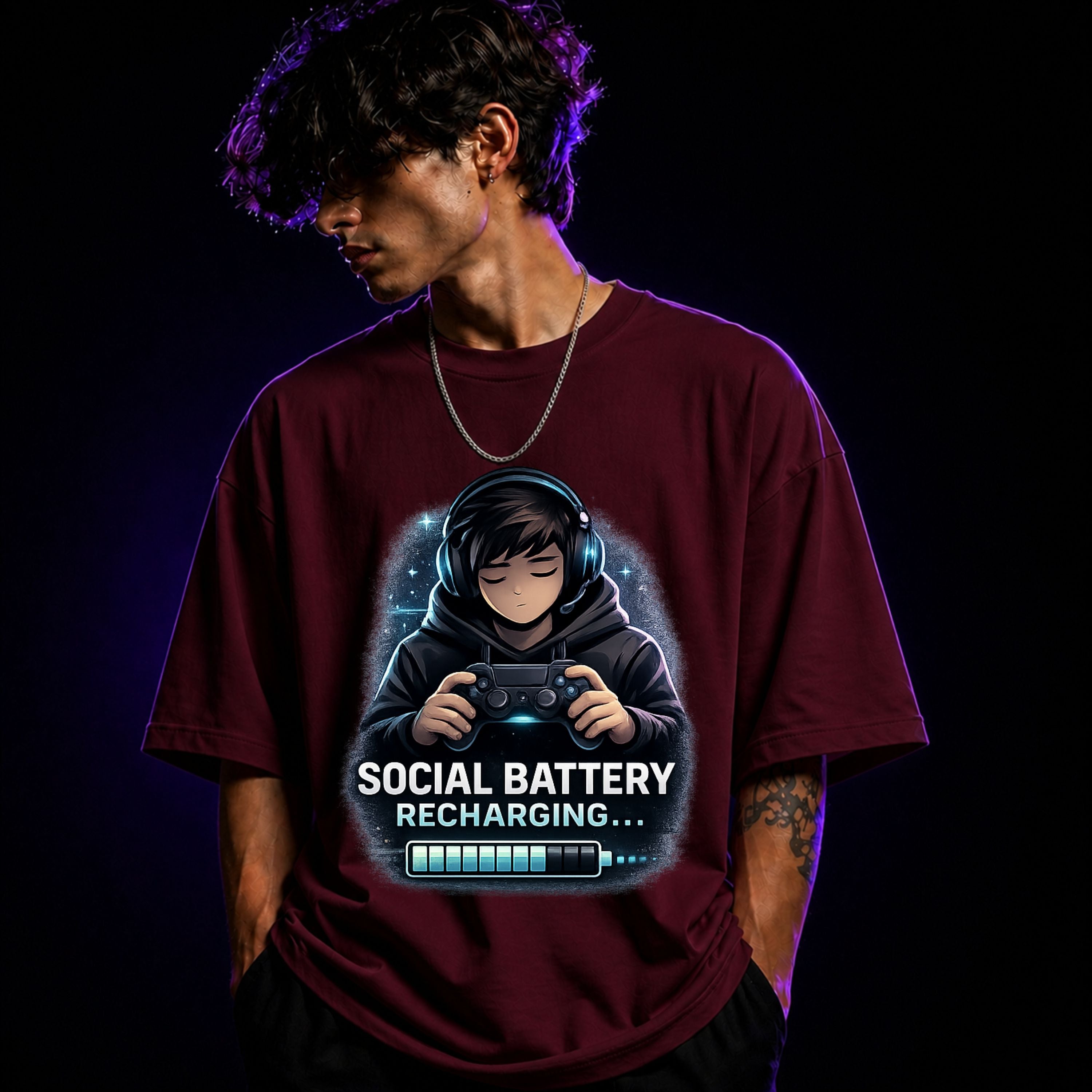 Social Battery Recharging Oversized Gaming Graphic T-Shirt – Funny Introvert Gamer Tee