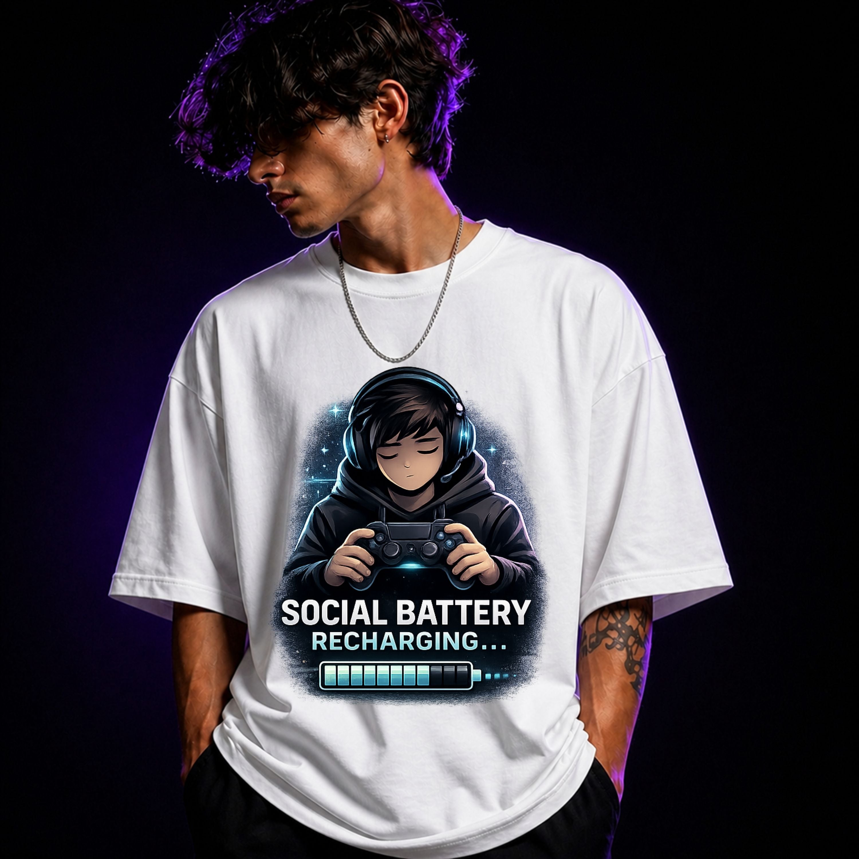 Social Battery Recharging Oversized Gaming Graphic T-Shirt – Funny Introvert Gamer Tee