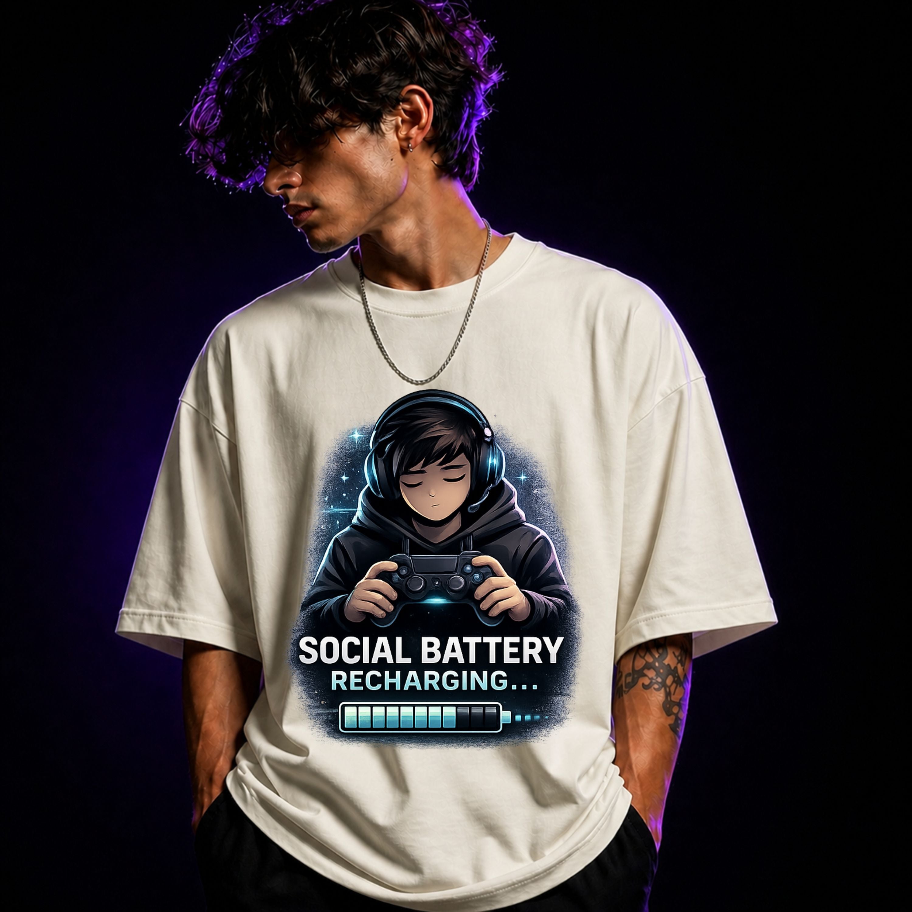 Social Battery Recharging Oversized Gaming Graphic T-Shirt – Funny Introvert Gamer Tee