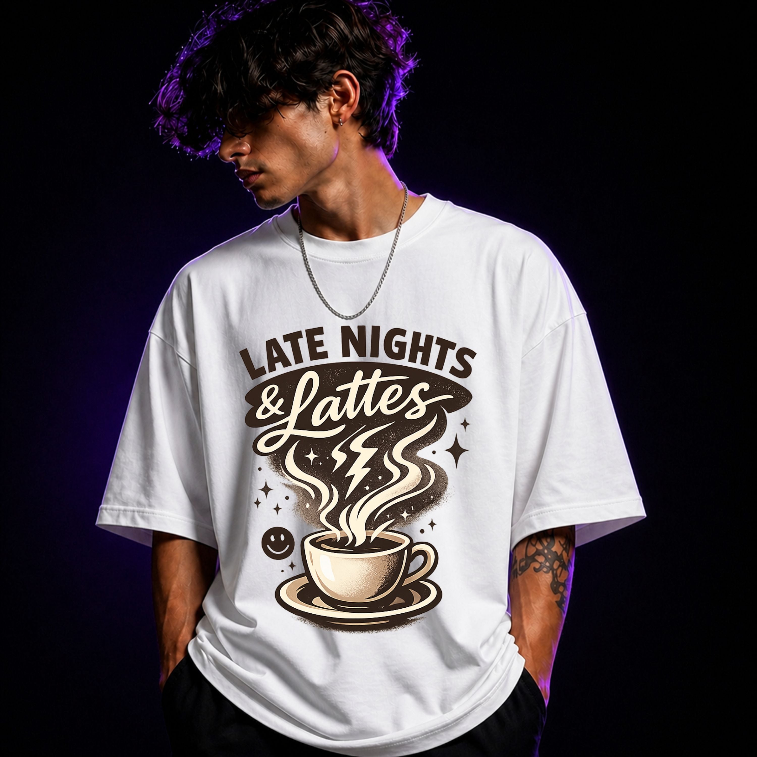 Late Nights & Lattes Oversized Graphic T-Shirt – Coffee Lover Unisex Tee