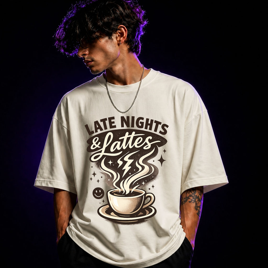 Late Nights & Lattes Oversized Graphic T-Shirt – Coffee Lover Unisex Tee