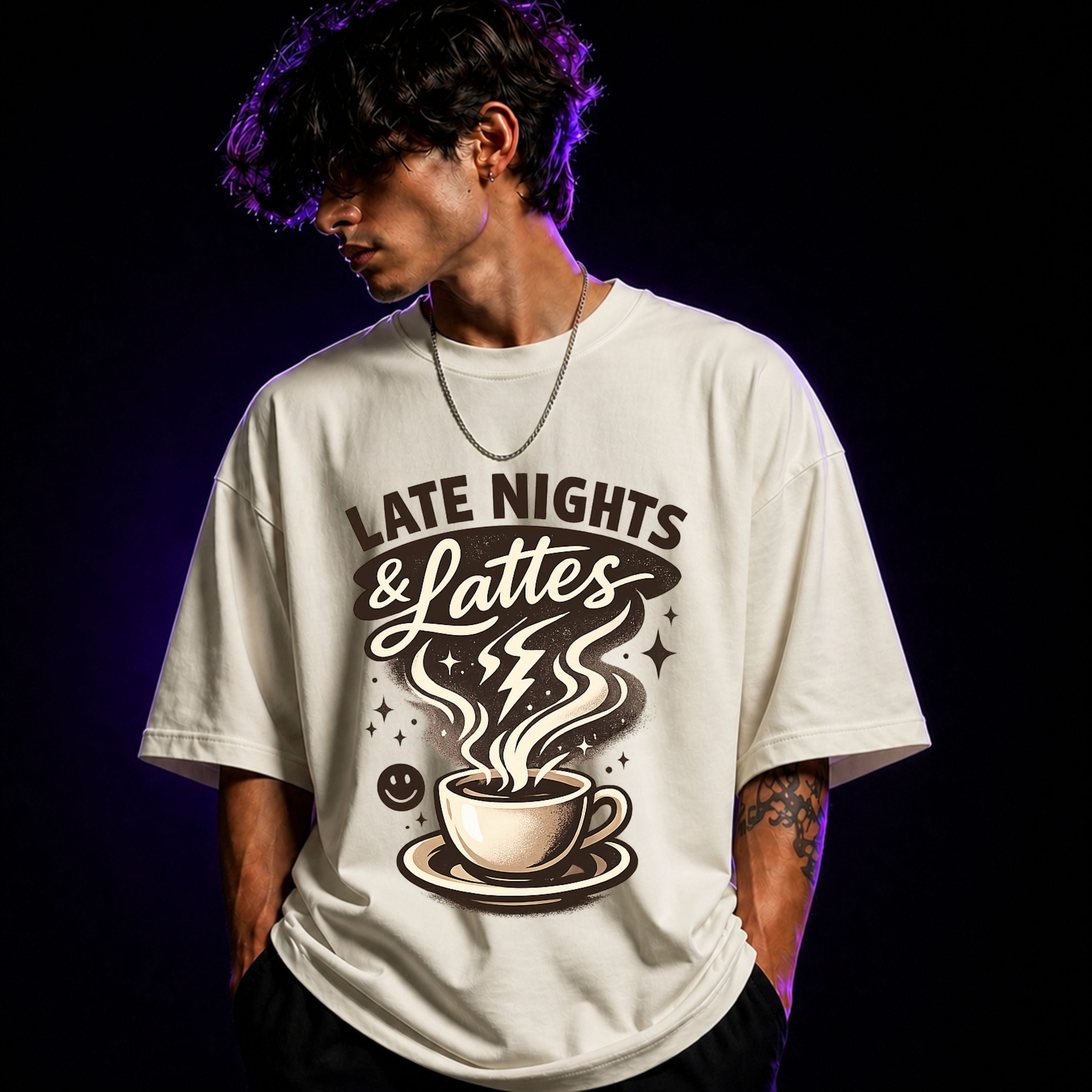 Late Nights & Lattes Oversized Graphic T-Shirt – Coffee Lover Unisex Tee