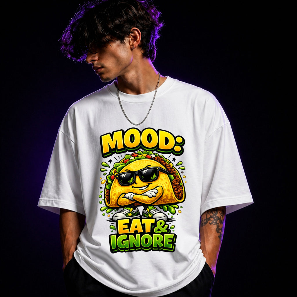 Mood: Eat & Ignore Oversized Graphic T-Shirt – Funny Foodie Unisex Terry Tee